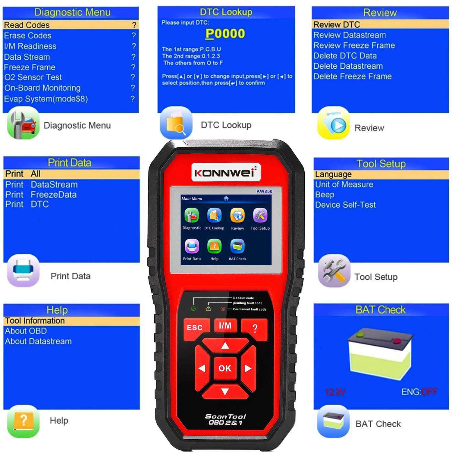 KONNWEI KW850 OBD2 urządzenie diagnostyczne z testem baterii urządzenie diagnostyczne do samochodu | Czytnik samochodowy z wyświetlaczem 2,8", przycisk czuwania One Touch I/M, kompatybilny z pojazdami OBDII od 2002,9 języków