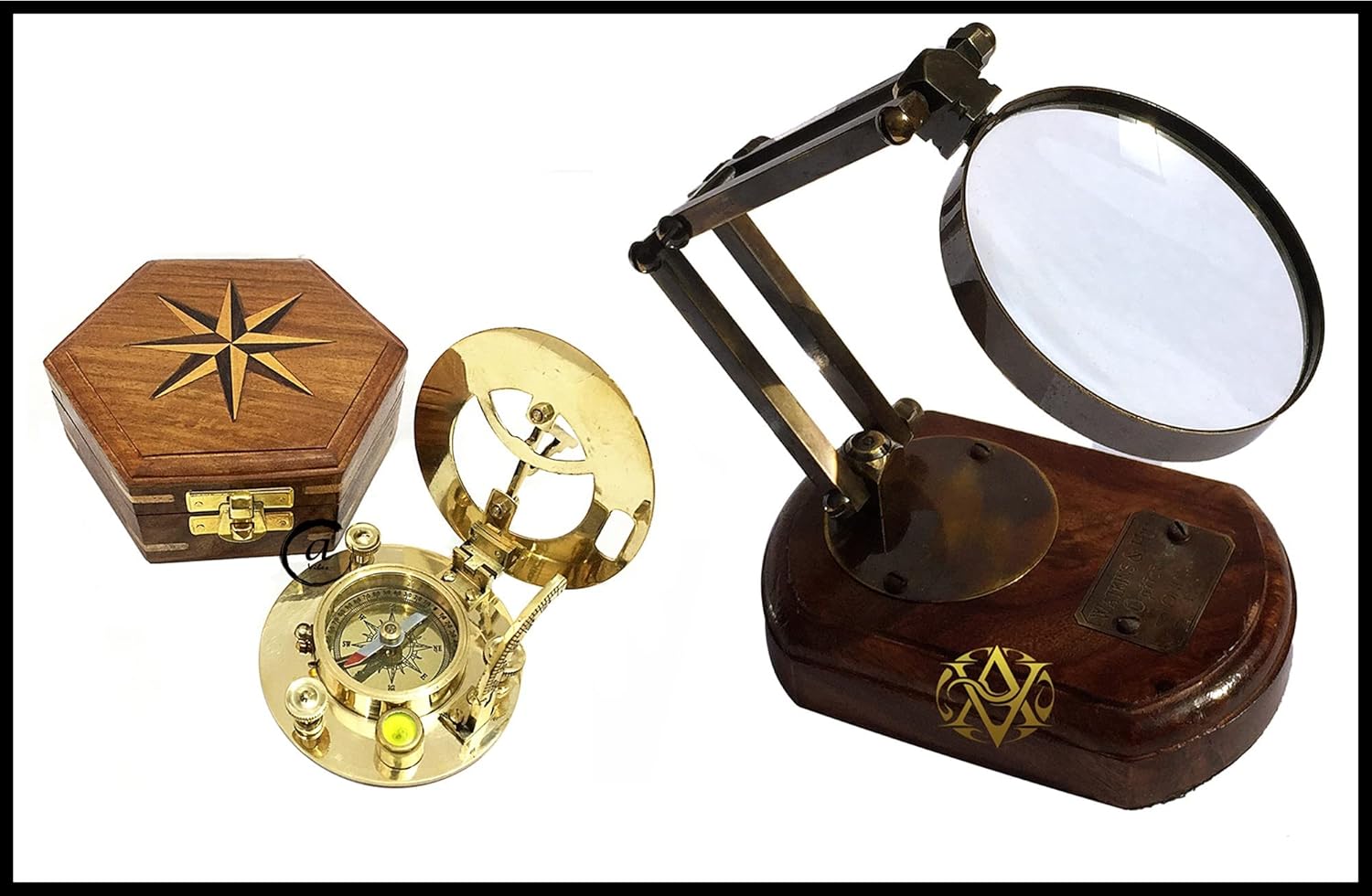 Vintage Adjustable Magnifying Glass Tabletop Decor Gift & Shiny Brass Sundial Compass in Wooden Box
