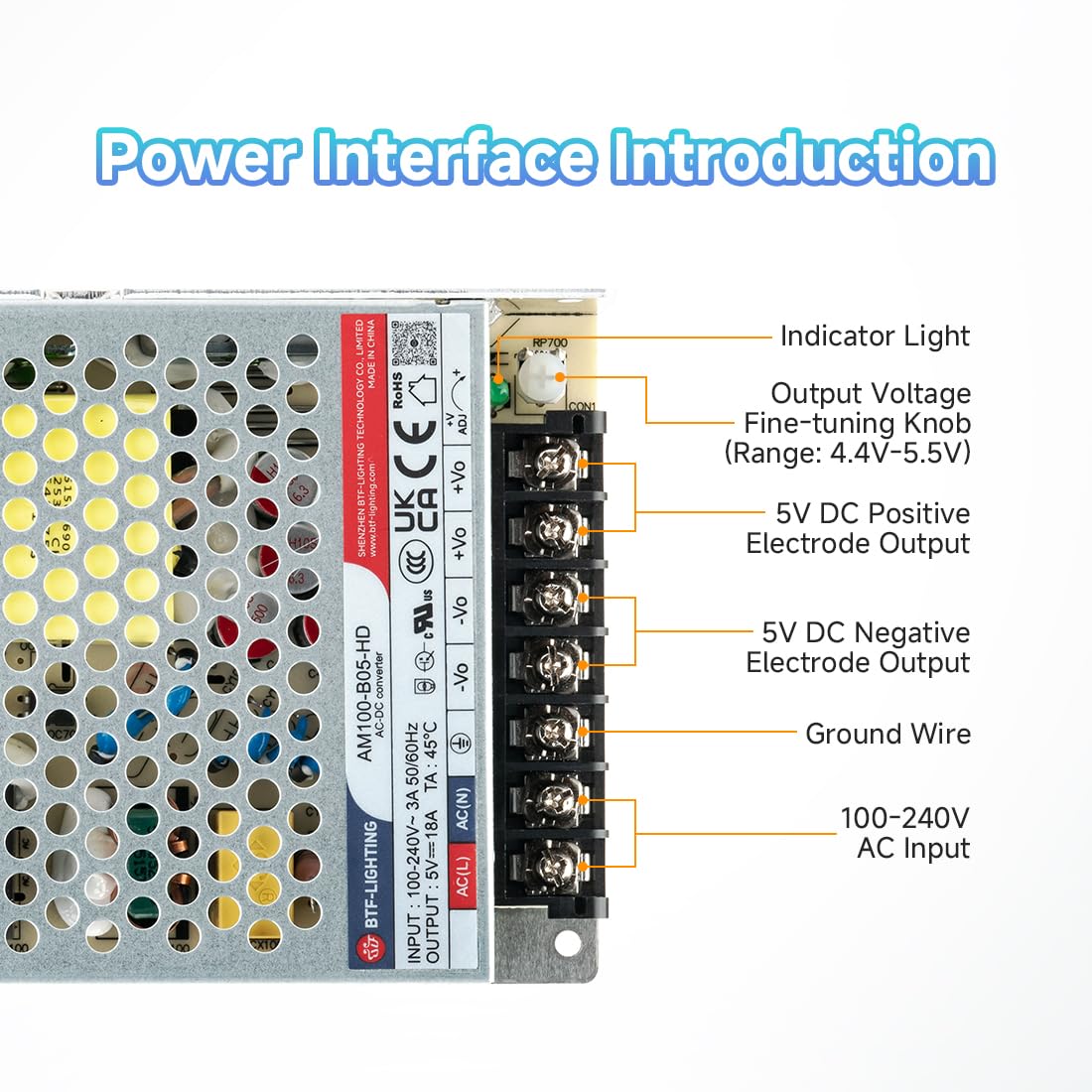 BTF-LIGHTING Alimentatore 90 W 5 V certificato CE alluminio driver LED AC100-240 V a DC5 V trasformatore per striscia LED, stampante 3D, telecamera CCTV, sistema di allarme, radio, progetto