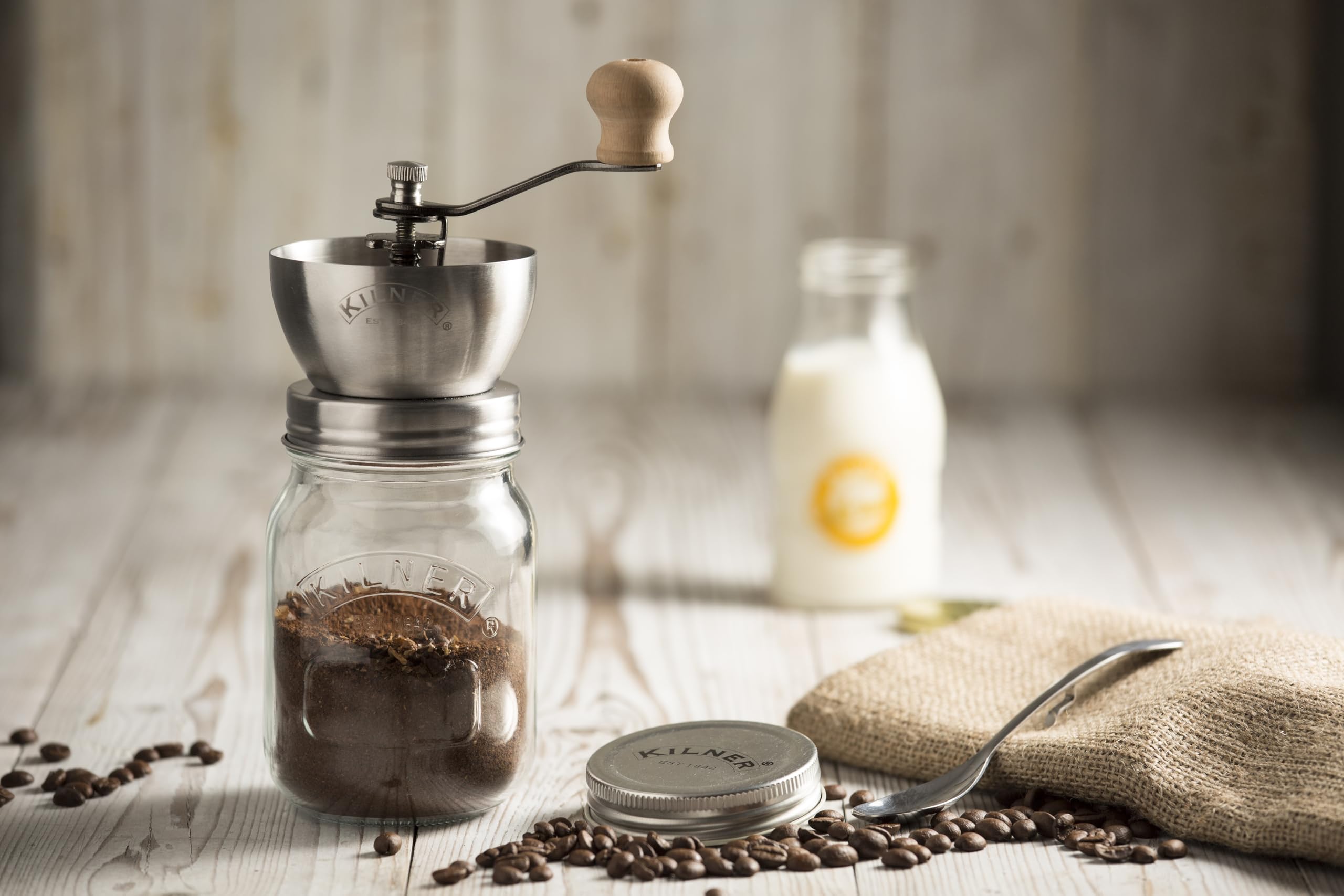 KILNER Kaffeemühle mit Vorratsglas 0,5 L, Edelstahlmahlwerk, verstellbar | Verstellbarer Drehmechanismus, luftdichter Schraubverschluss, spülmaschinengeeignet, robust, 545 g, hochwertiger Edelstahl