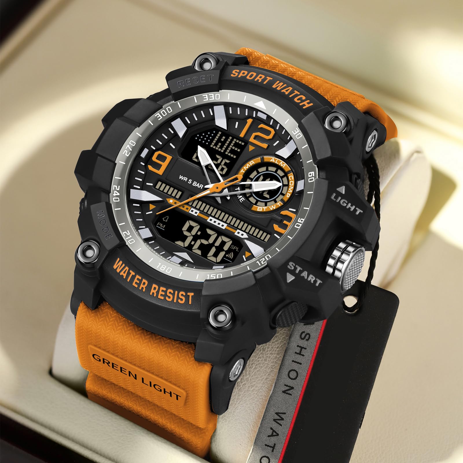 findtime Montres d'extérieur pour homme, numérique, analogique, grande montre, double heure, chronomètre, rétroéclairage LED, 12/24 h, style militaire, design robuste, noir et blanc