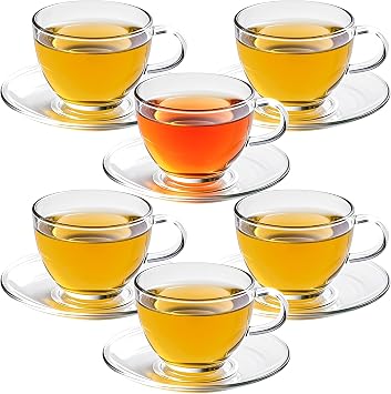 7oz Glass Tea Cups and Saucers,6 Pack Clear Teacup and Saucer Set,Glass Tea Cups with Handles for Cappuccino,Tea,Juice
