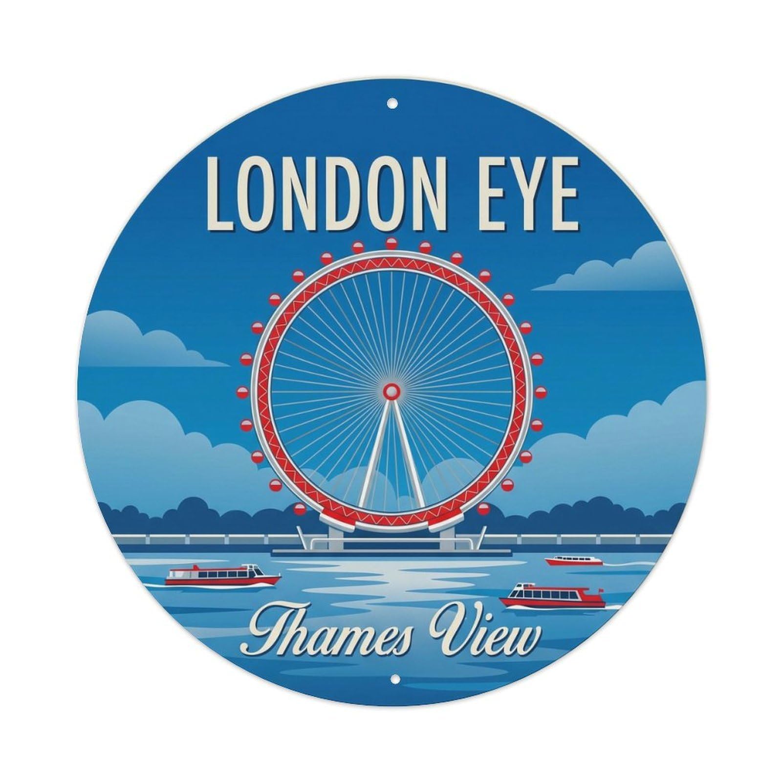 Vintage Travel London Eye River Metal Tin Sign Plaque Wall Decor for Cafe, Club, Garden Round Metal Poster 8x8Inch