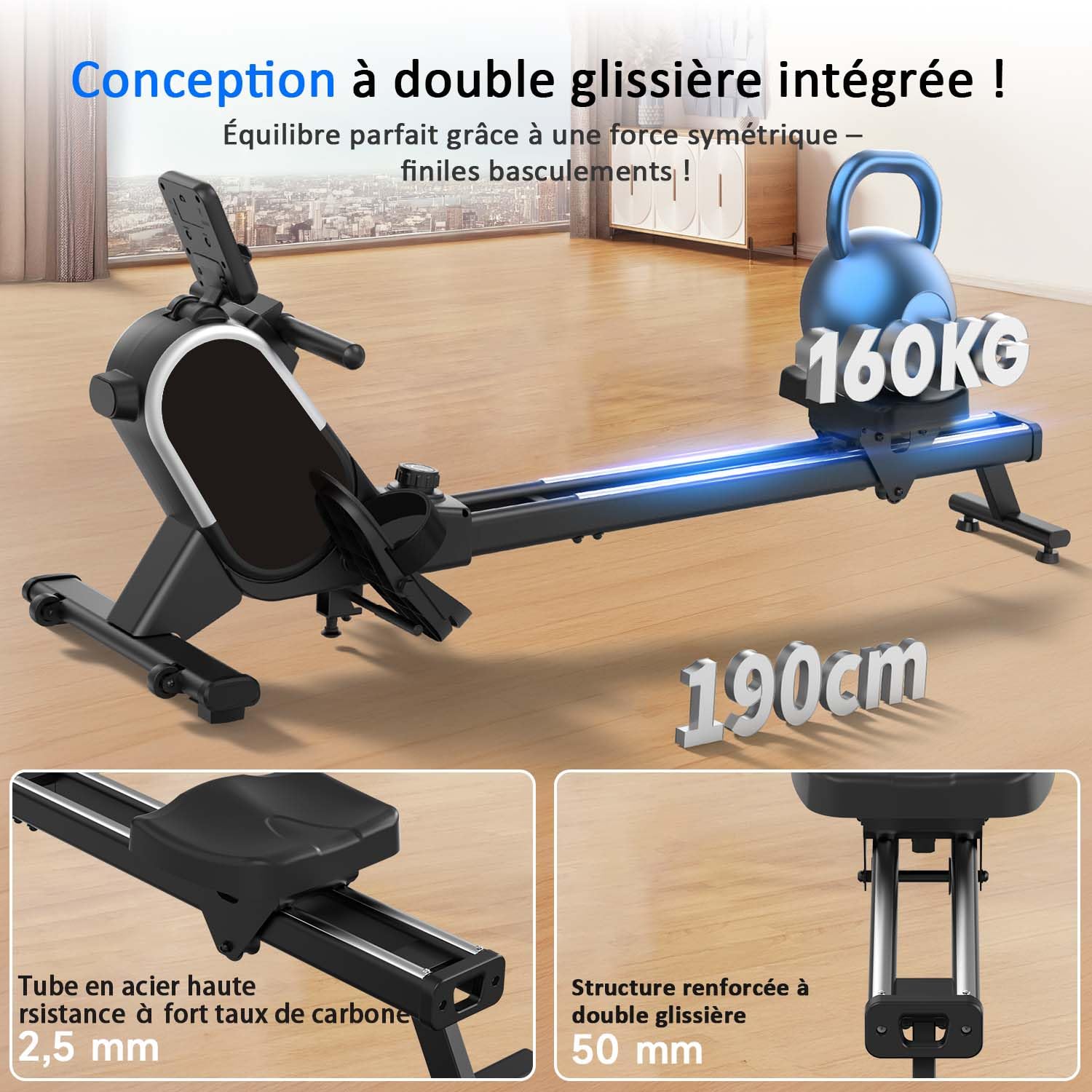 Rameur, CHAOKE Rameur Musculation D'appartement, Rameurs Magnétique Silencieux, Rowing Machine Connecter APP avec Écran LCD,16 Niveaux de Résistance, Rails Doubles Améliorés, Capacité Maximale 160KG