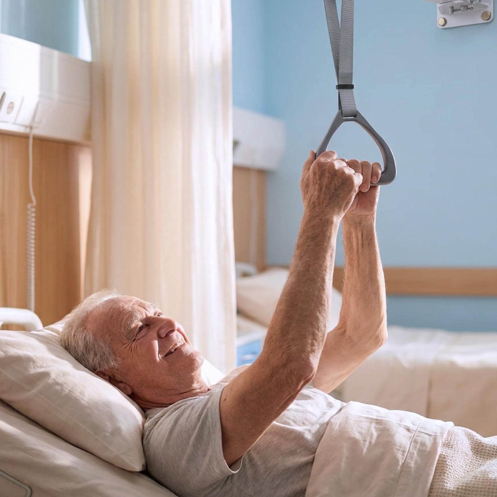 Bettgalgen für ältere Menschen, Galgen für Bett Wandmontage, Stehhilfe Bett zum Aufsetzen und Aufstehen, komfortabler & breiter Triangelgriff, höhenverstellbar & tiefenverstellbar, Tragkraft 100 kg