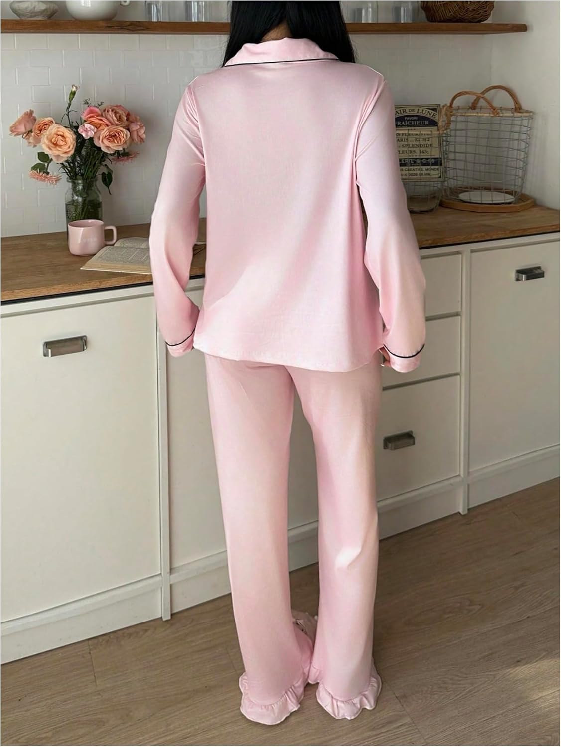 Verdusa Women's 2 Piece Satin Pajama Set Button Up Collared Shirts with Ruffle Pants Comfy Sets - Image 2