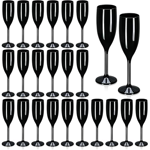 XUWAIDSGN Acrylic Champagne Flutes Toasting Glasses Unbreakable Mimosa Bar Reusable Wine Glasses Vintage Champagne Flutes Stemmed Drinking Cups 5.4 OZ for Christmas Birthday (24, Black)