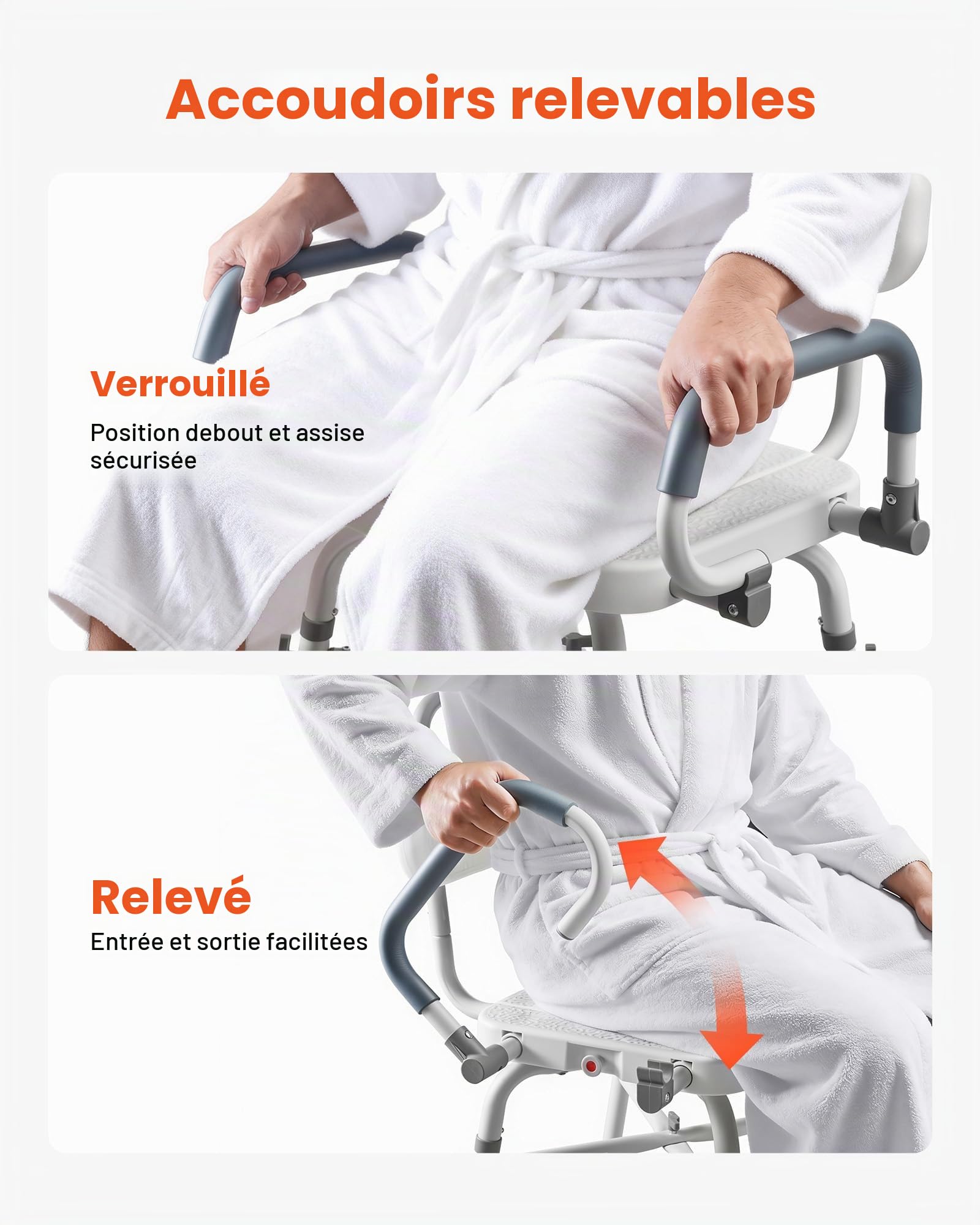 VEVOR Chaise de Baignoire Pivotante, Banc de Transfert Baignoire avec Accoudoirs Relevables et Dossier, Capacité 227 kg, Siège de Douche pour Adultes, Personnes Âgées et Handicapés, Hauteur Réglable