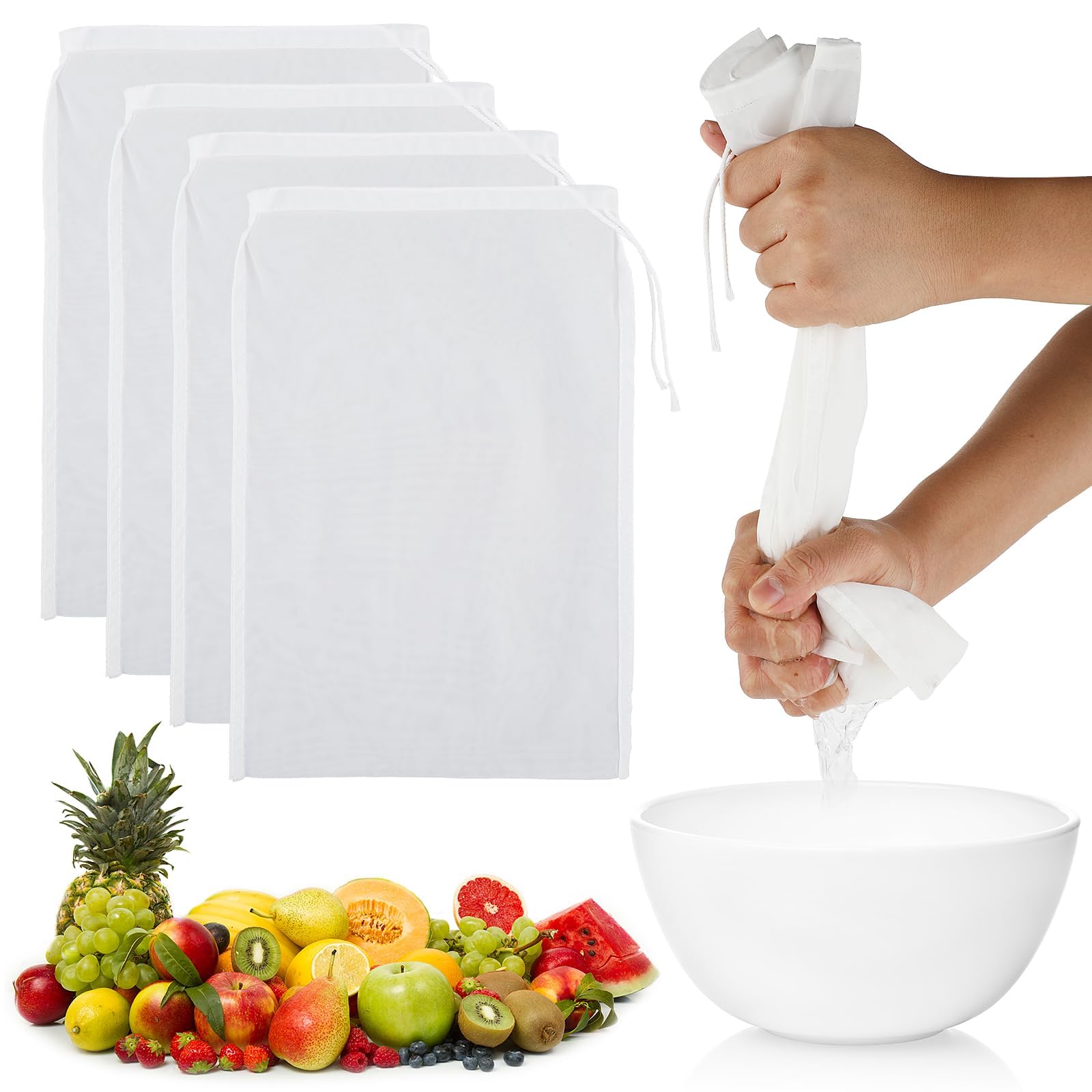 Set Da 3 Sacchetti Filtranti In Nylon Per Latte Di Mandorle, Riutilizzabili, Con Cordoncino, 20x30 Cm, Perfetti Per Formaggio, Yogurt E Succhi Di Frutta