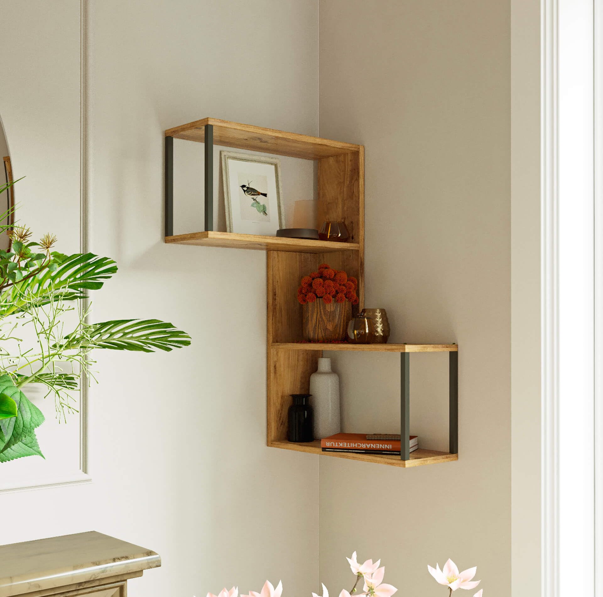 Rebecca Mobili Scaffale ad Angolo, Libreria Angolare Pensile, Marrone Grigio Scuro, Truciolato Ferro, Mensola per Soggiorno o Studio - Misure HxLxP: 85 x 53,5 x 19,5 cm - Art. RE7227