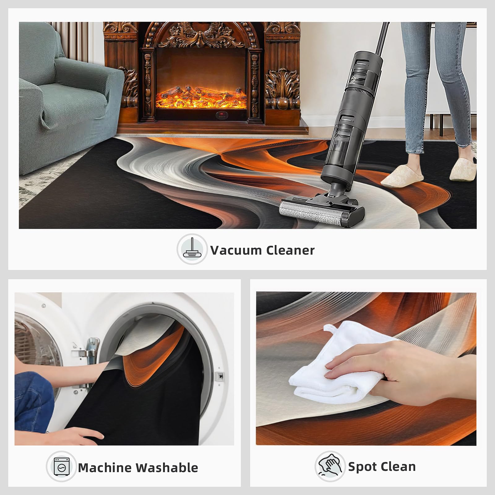 Tapis motif vagues abstraites pour salon, orange et gris, motif ligne fumée, antidérapant, lavable, pour chambre à coucher, cuisine, salle à manger, décoration - 160 x 230 cm