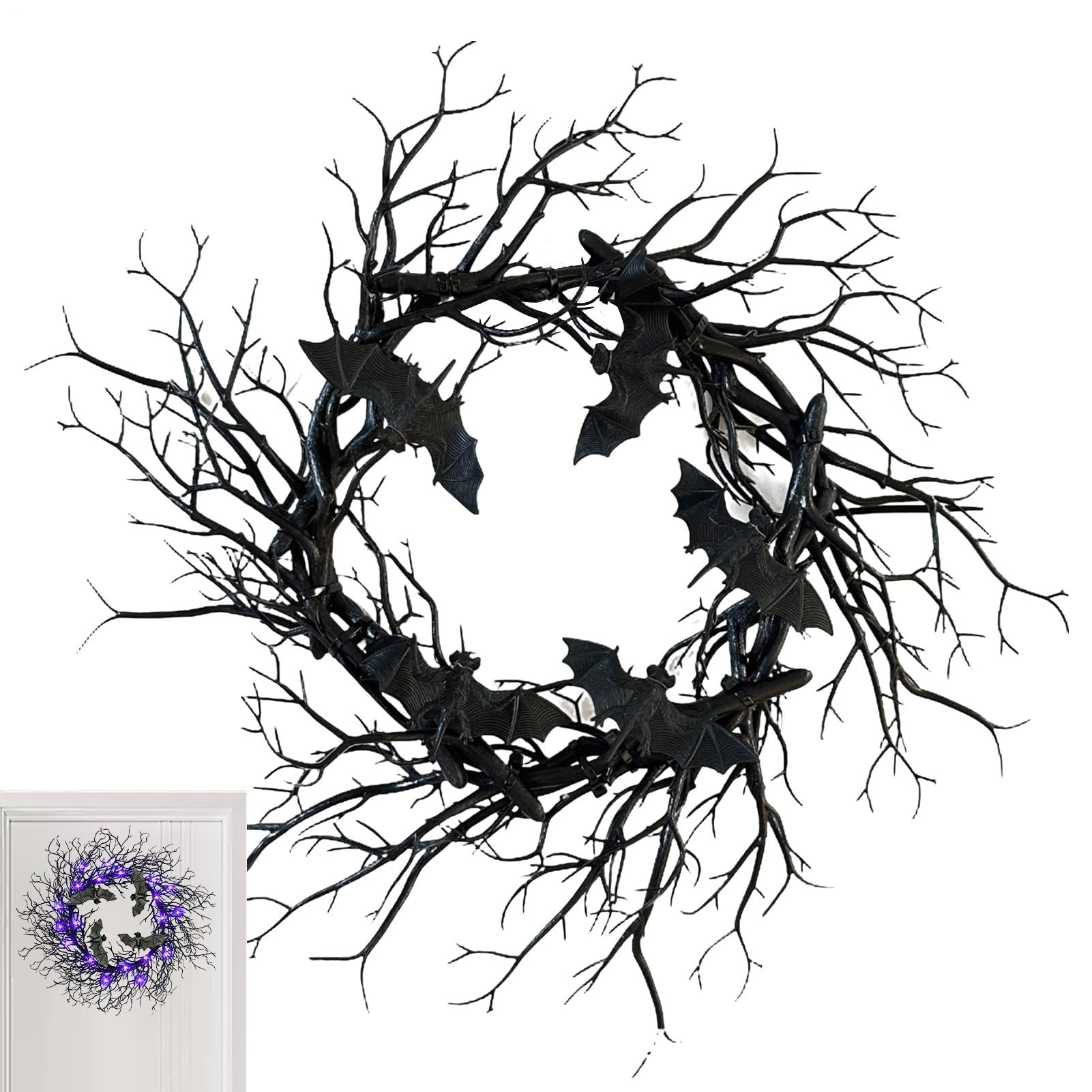 Couronne de branches Halloween noire avec chauves-souris pour déco murale