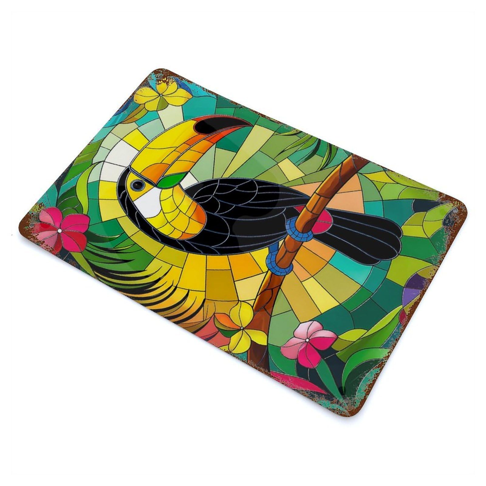 Toucan in Stained Glass Tropical Paradise Weathered Tin Sign 11.8"x7.9", Ideal for Basement, Hobby Room And Garage Decor