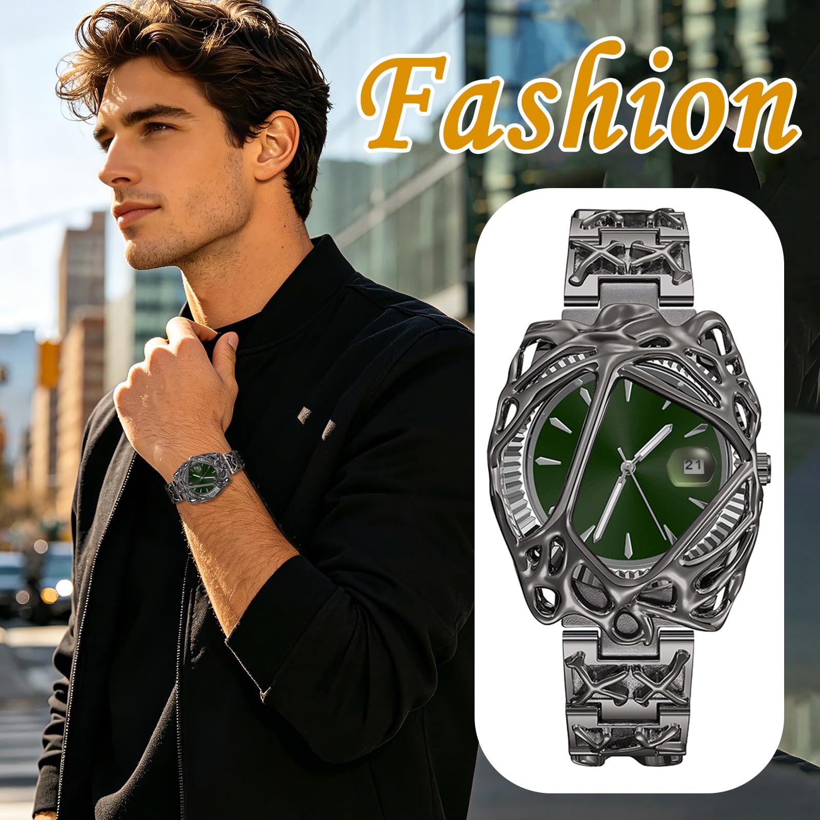 JewelryWe Orologio da uomo punk Y2K nero quadrante verde quarzo data cinturino rimovibile | Cinturino staccabile in lega, look streetwear, festival musicali, feste a tema, serate in discoteca, abiti cyberpunk