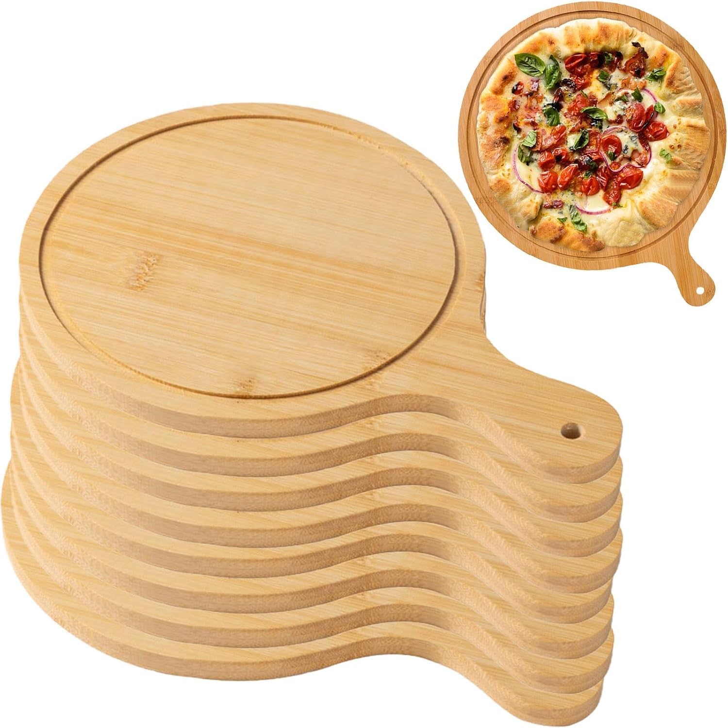 Lot de 8 planches de service à pizza en bois, plateau léger avec poignées, pour la fabrication de pizzas jusqu'à 33 cm