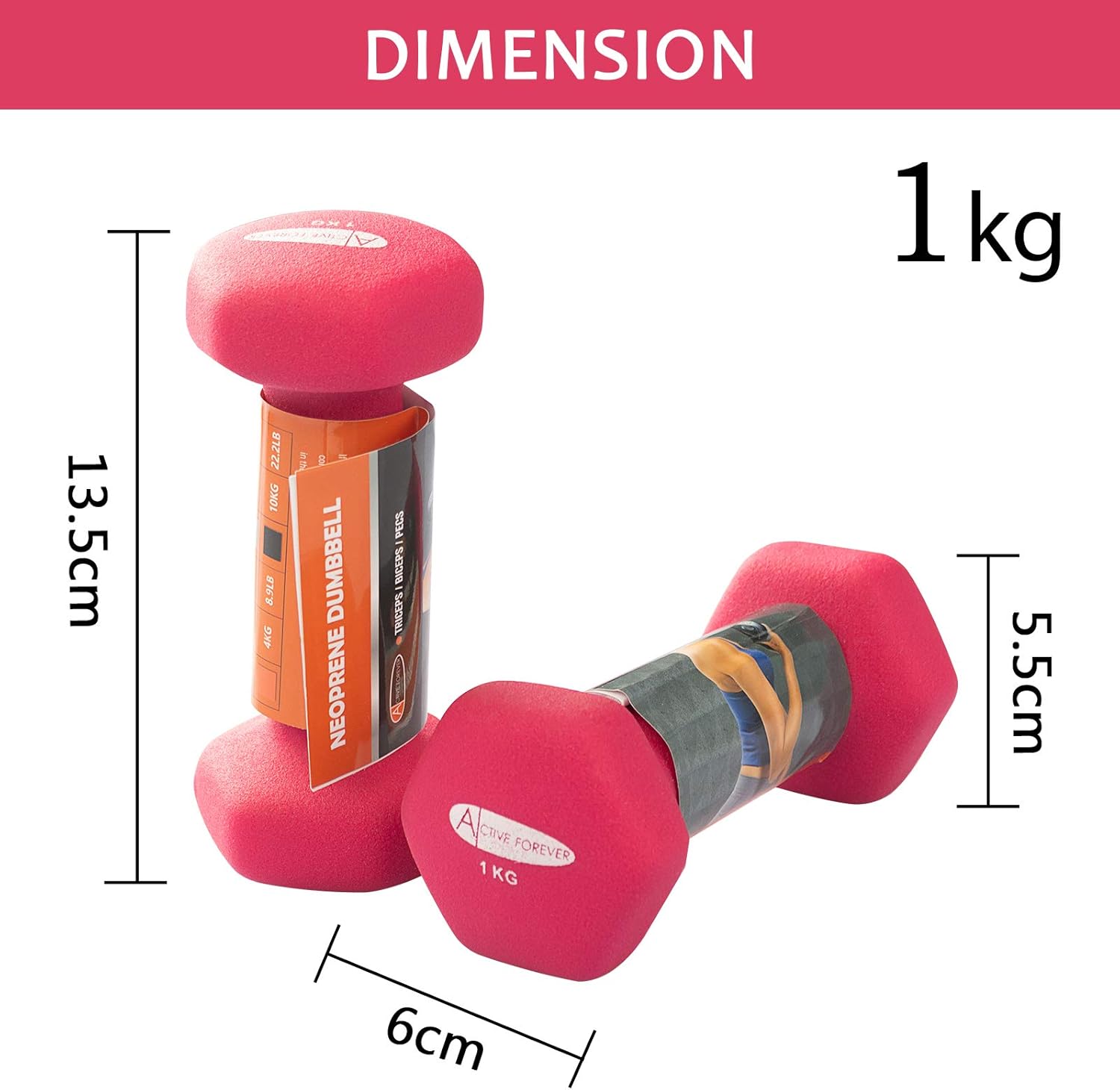 ACTIVE FOREVER Dumbbells 2×1kg, Set of 2, Hex Dumbbells Pair, Neoprene Waterproof Non-slip Dumbells Set (Pink) - Image 3