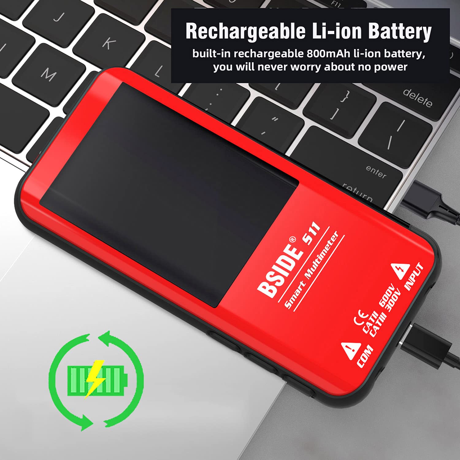 BSIDE S11 Red Digital Multimeter being charged via USB cable