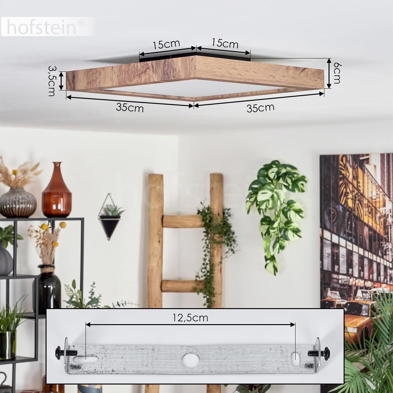 Plafón LED Bealeton, moderno plafón de metal/MDF/plástico en negro/madera/blanco, luminaria angular de diseño escandinavo (35 cm x 35 cm), 1800 lúmenes, 3000 Kelvin, LED 16 vatios