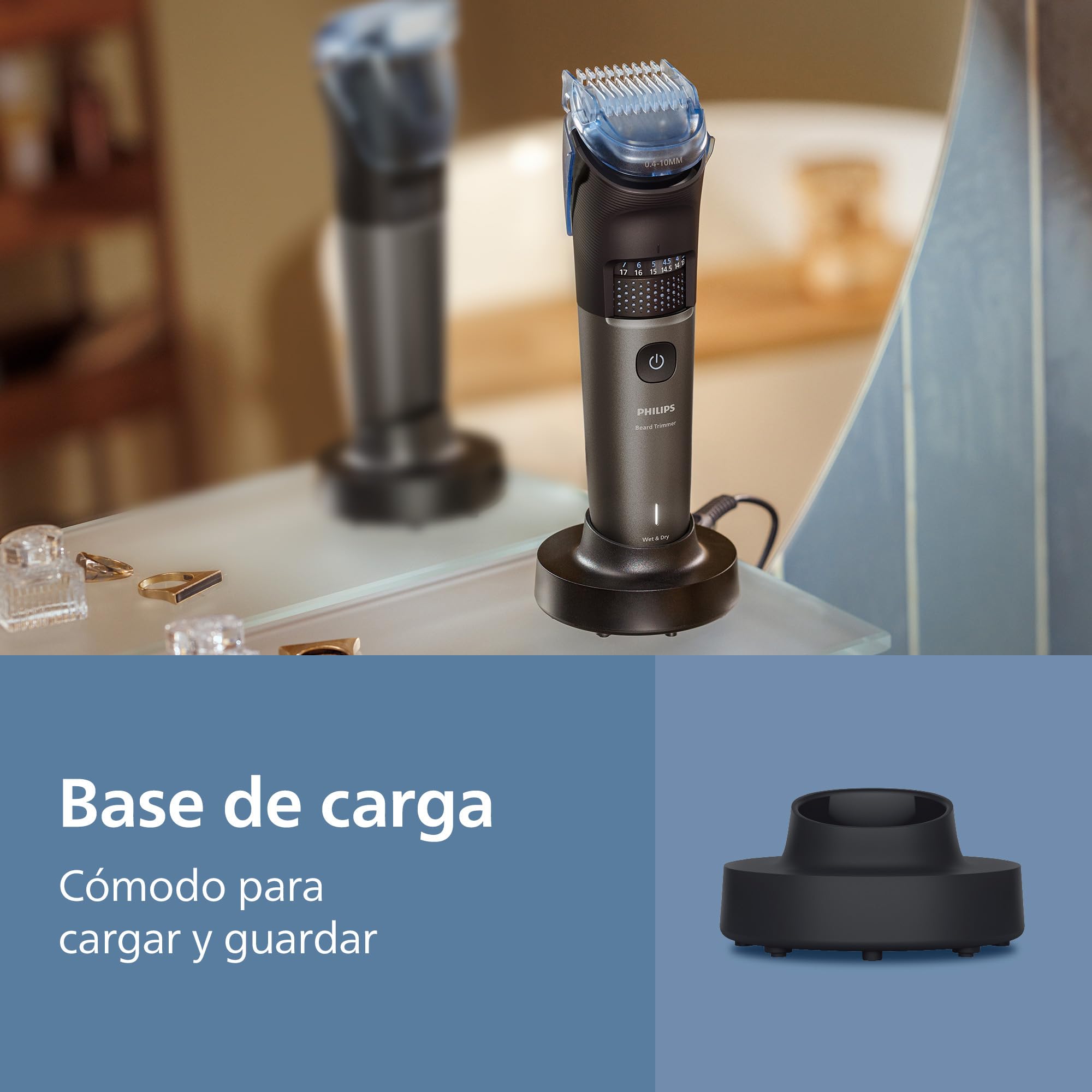 Recortadora de barba Philips Serie 7000 - Cuchillas autoafilables, 40 posiciones ajustables, sensor, sistema recogedor de vello, base de carga, 100% resistente al agua, funda blanda, BT7660/15