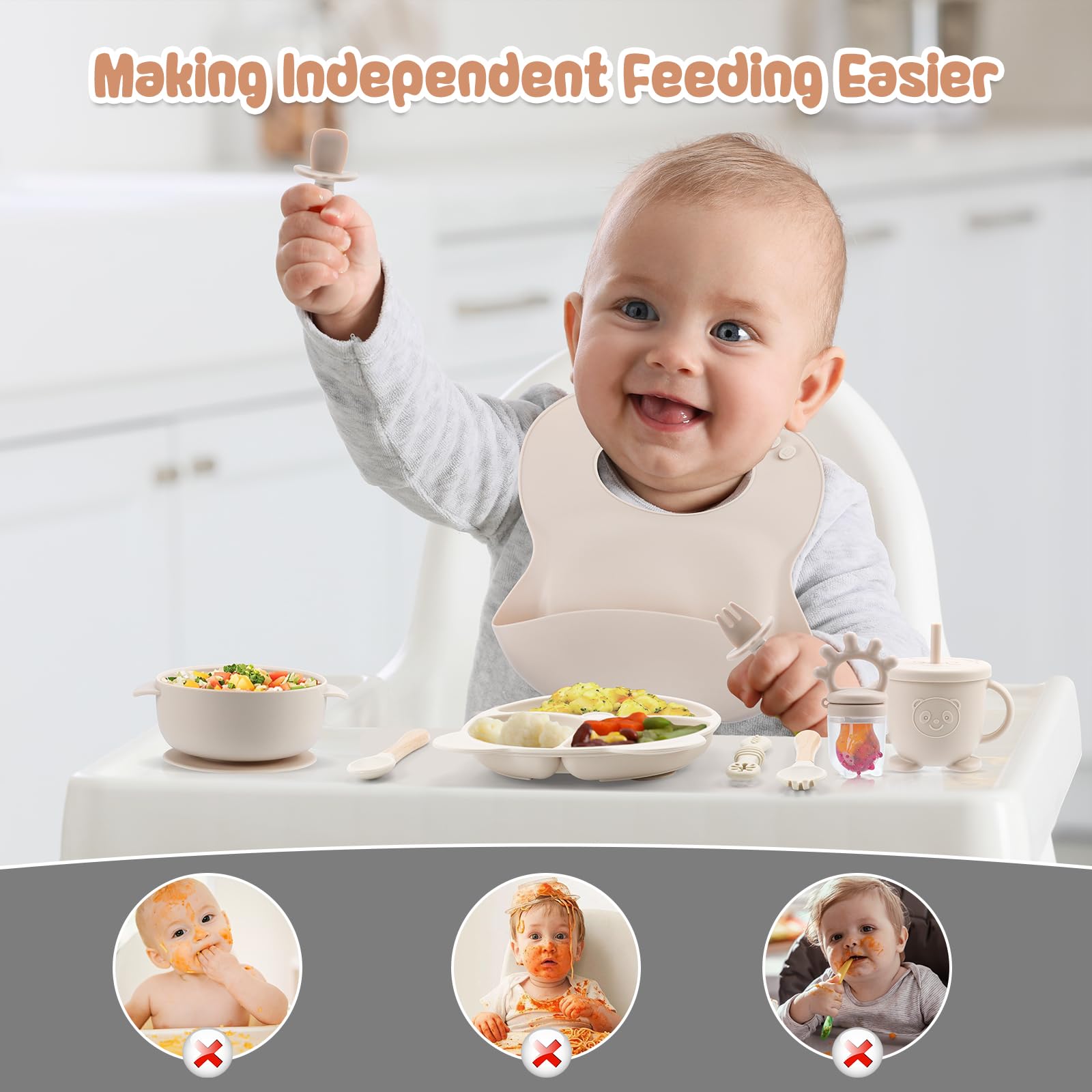 Set Pappa Svezzamento Per Bambini, 6 Pezzi Silicone Piatto Con Ventosa Ciotola, Tazza,Cucchiaio E Forchetta, Bavaglino Silicone, Antiscivolo Senza - Foto 9