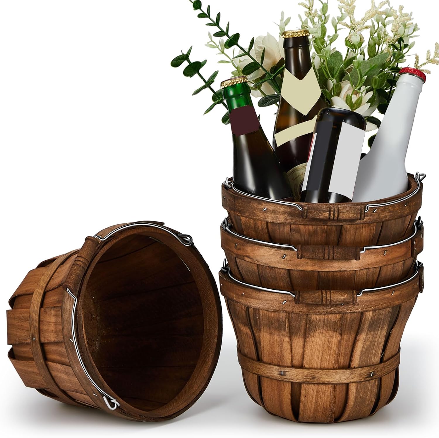 Tatuo 4 Pcs Round Wooden Apple Baskets Wood Fruit Buckets with Handle Fall Harvest Basket Portable Bushel for Market Vegetables Garden Home Party Supplies Easter Gifts (Dark Brown)