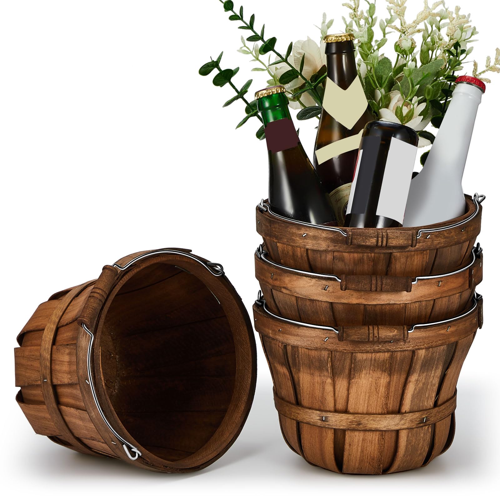 Cesta de madera para frutas de diseño robusto y acabado marrón oscuro para hogar y eventos