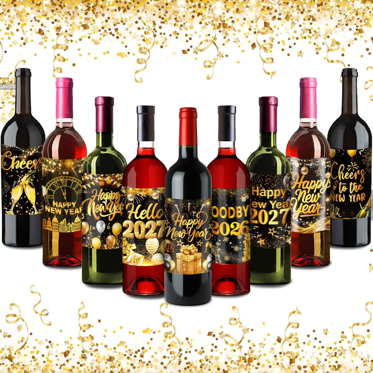 Happy New Year 2027 Black Gold Wine Label Bottle Stickers Party Decoration
