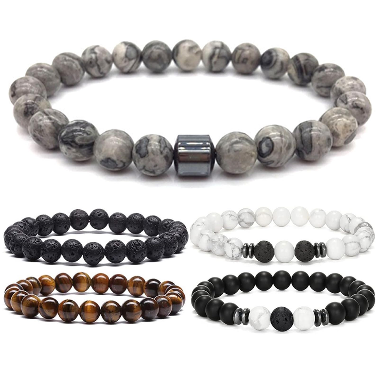 Bracciale 5 Pezzi in Pietre Naturali - Occhio di Tigre 8MM, Pietra Lavica, Ossidiana Nera - Braccialetto Gioielli per Uomo Donna Regalo Personalizzato