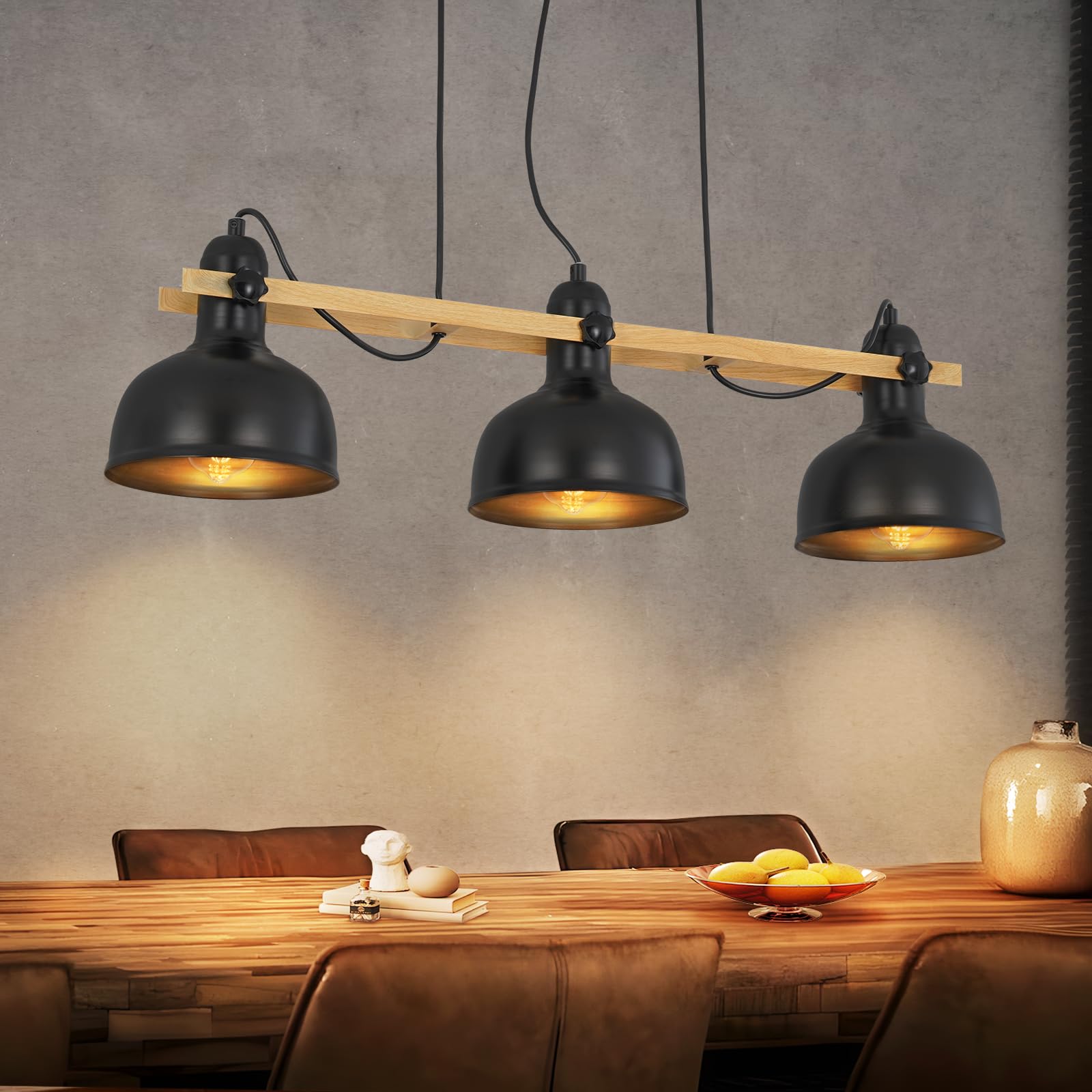 GBLY Hängelampe Vintage Pendelleuchte Holz Esstisch E27 Metall Hängeleuchte | 3 Flammig Holzbalken mit Schwarz Lampenschirm Retro Esszimmerlampe Industrial Esstischlampe für Küche Esszimmer