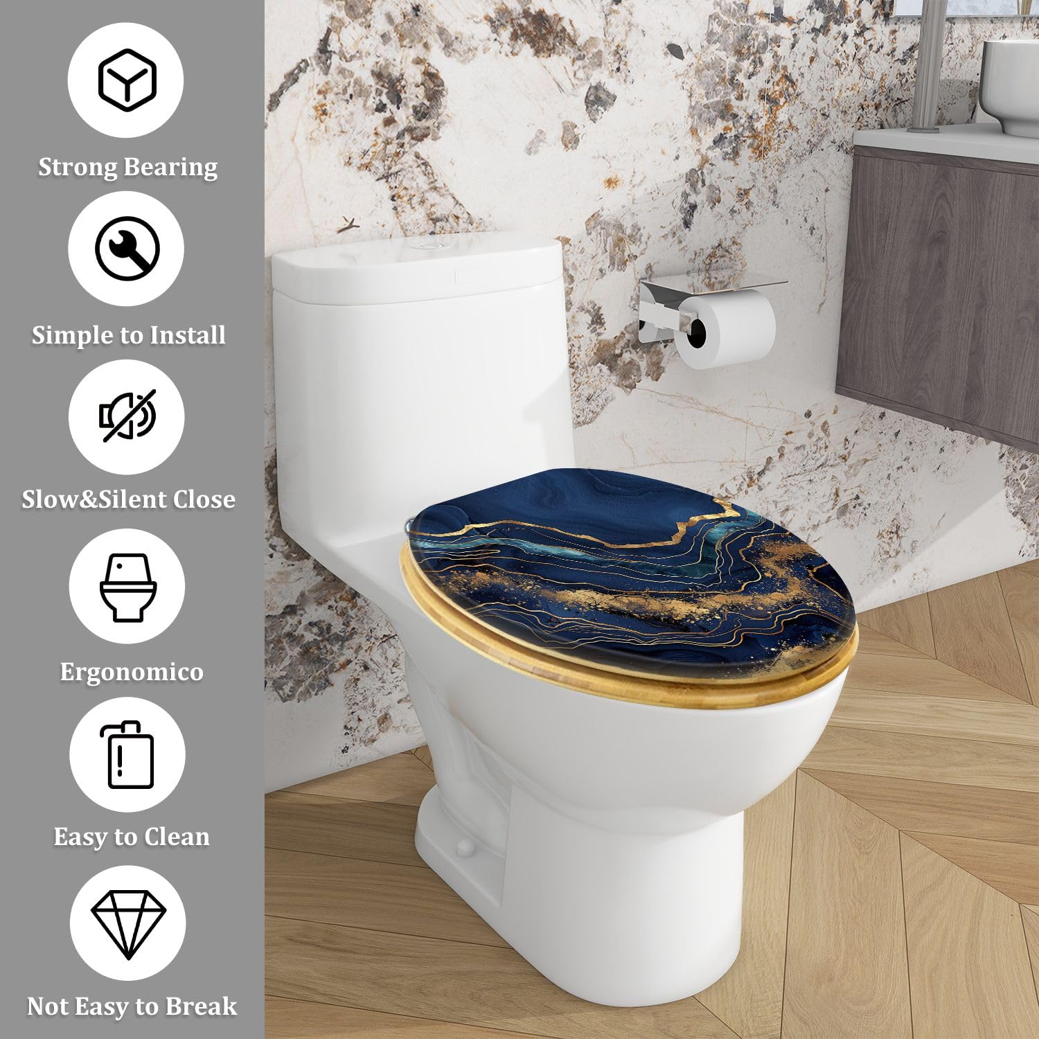 Sedile WC Allungato Decorativo In Legno con Copriwater, Texture Astratta In Pietra Artificiale Blu Scuro con Lamina Dorata Effetto Agata, Facile Da Installare, Chiusura Silenziosa, Cerniere
