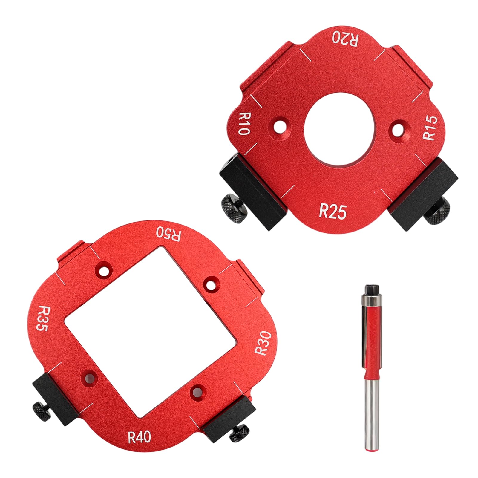 Router Templates Set of 2, Aluminum Alloy Corner Radius Guide R10/R15/R20/R25/R30/R35/R40/R50 with Flush Trim Bit for Furniture, Cabinets, and DIY Carpentry Projects