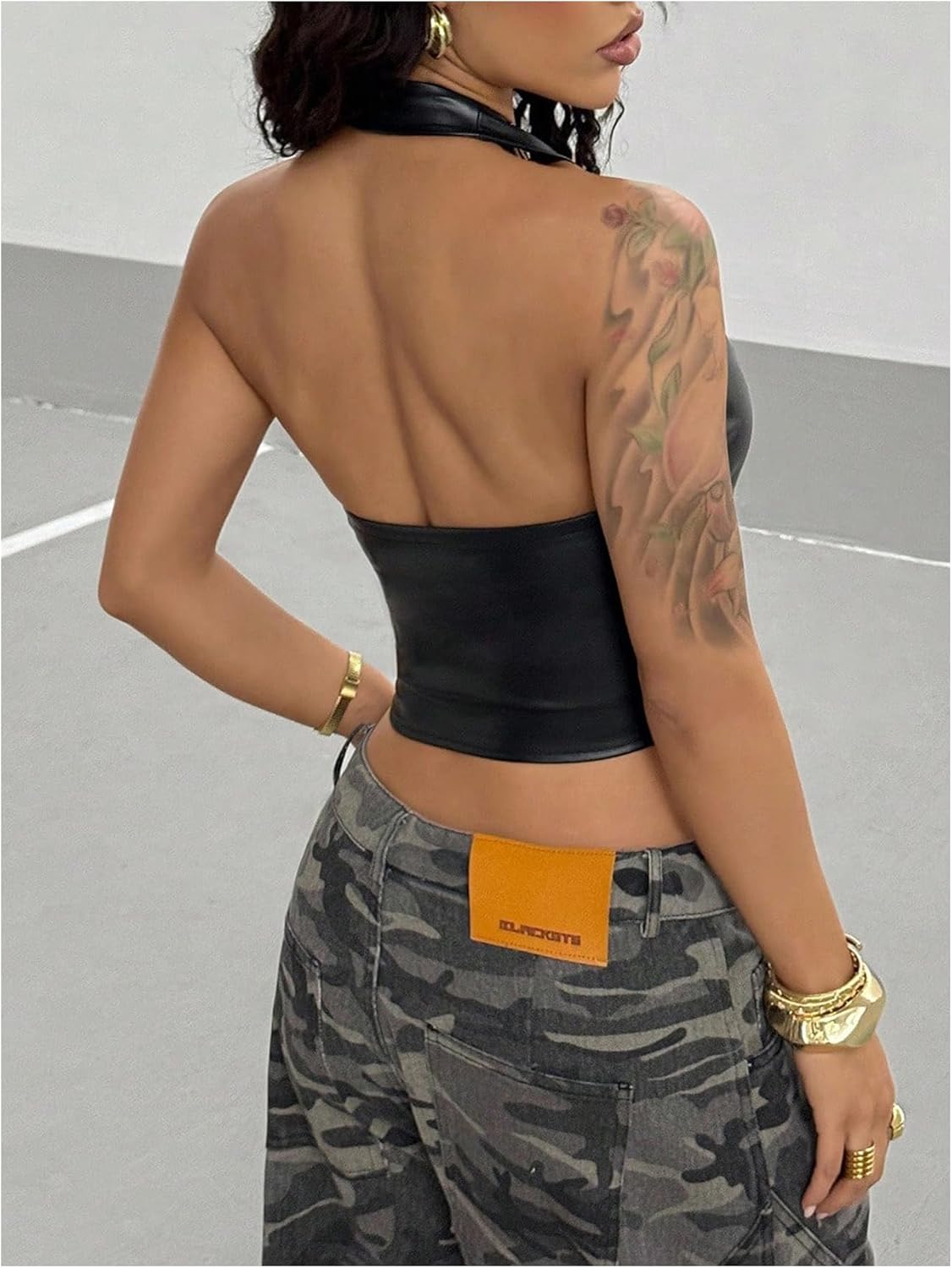 SHENHE Women's Y2k PU Leather Halter Crop Top Low Cut Backless Sexy Goth Punk Concert Tank Top - Image 2