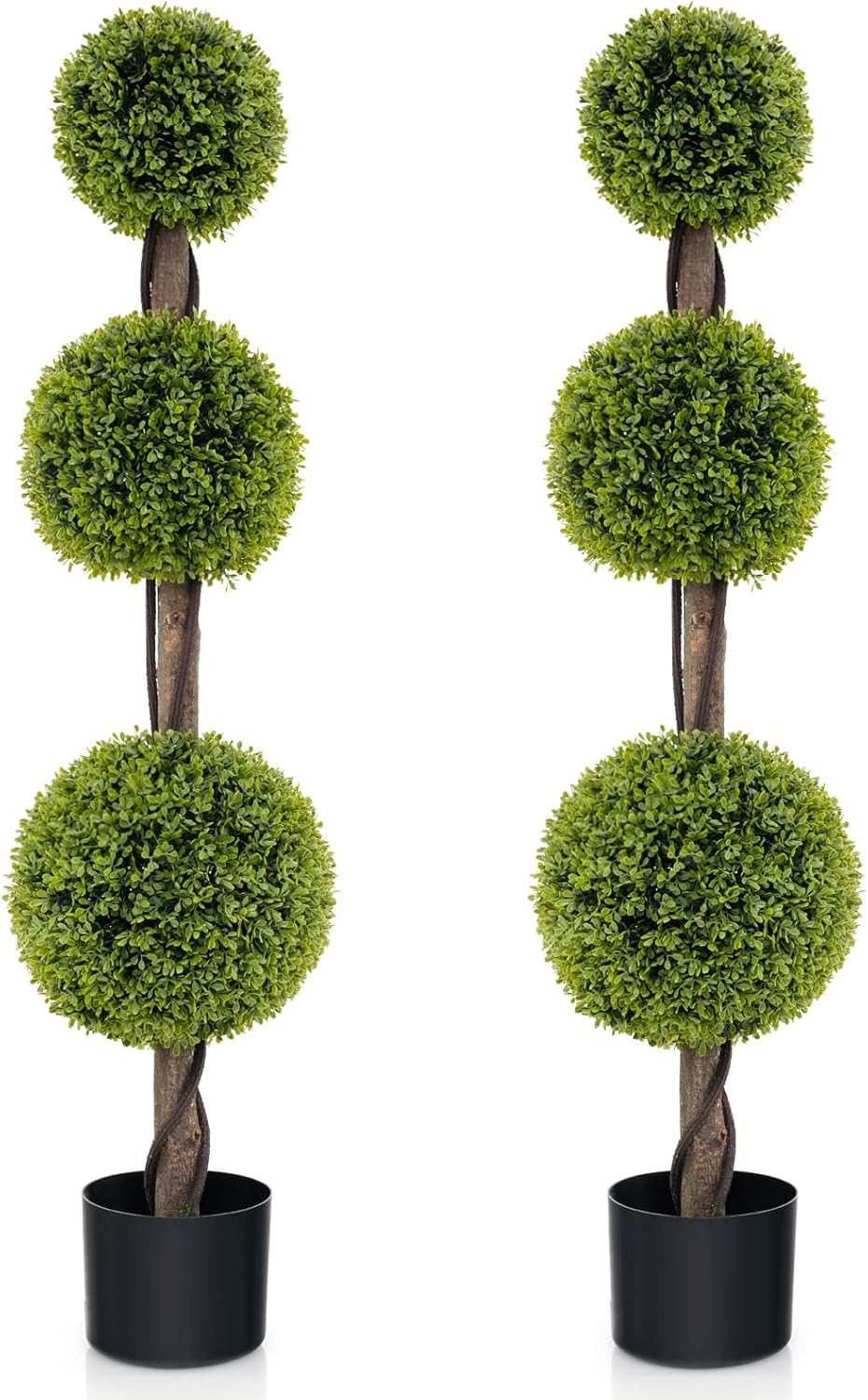 GOFLAME 2 Pack Artificial Boxwood Topiary Tree, 4FT Faux Triple Ball Topiary Tree in Cement-Filled Pot, Fake Boxwood Plant Potted with Rattan Trunk for Home Porch, Indoor Outdoor Use