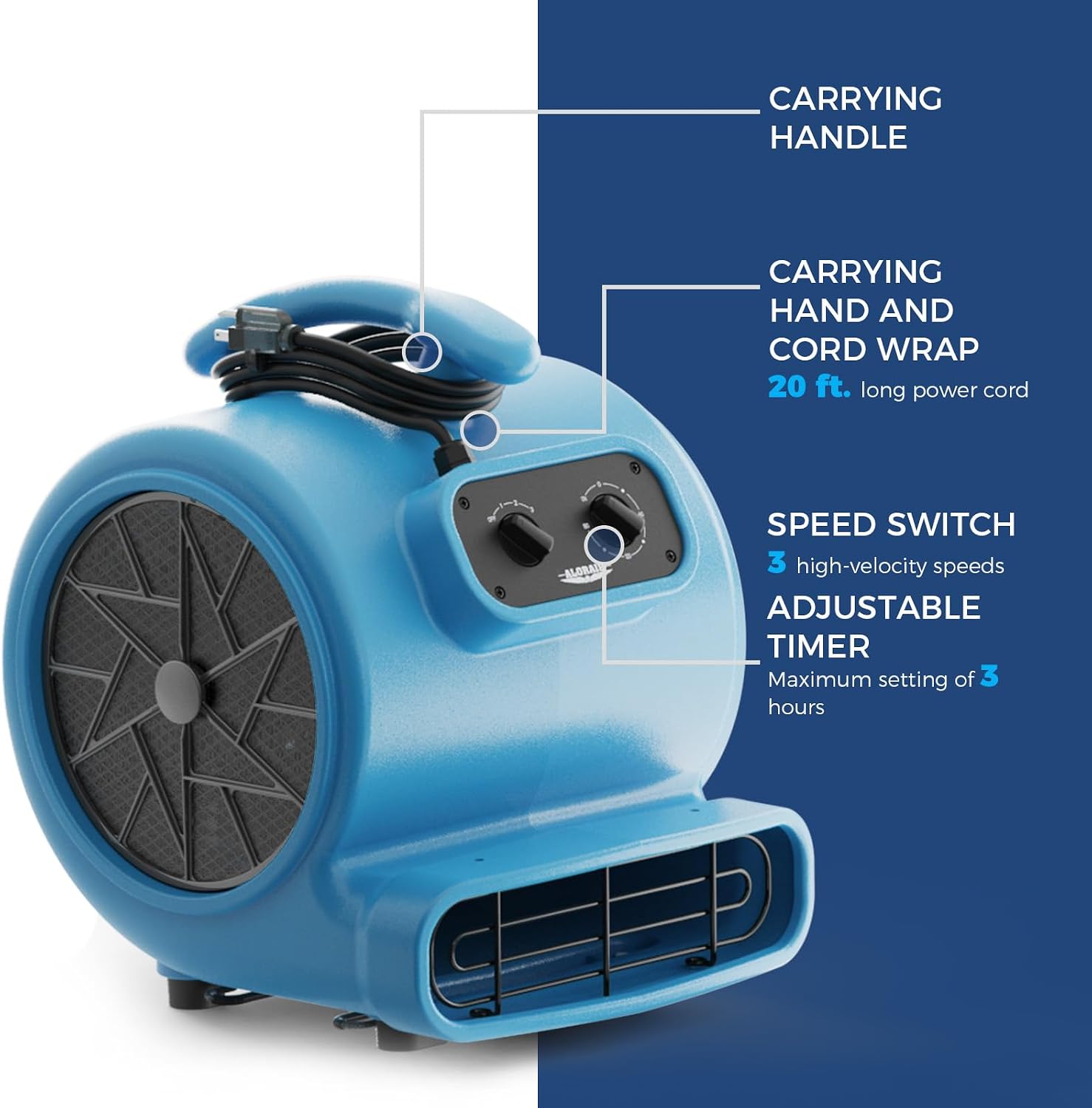 ALORAIR 3000 CFM Air Mover Blower Fan for Industrial, Floor Drying Fan, Carpet Dryer - Timer, Filter, Stackable, 3 Speeds, 5 Adjustable Angles, for Water Damage Restoration and Plumbing - GE3000TF