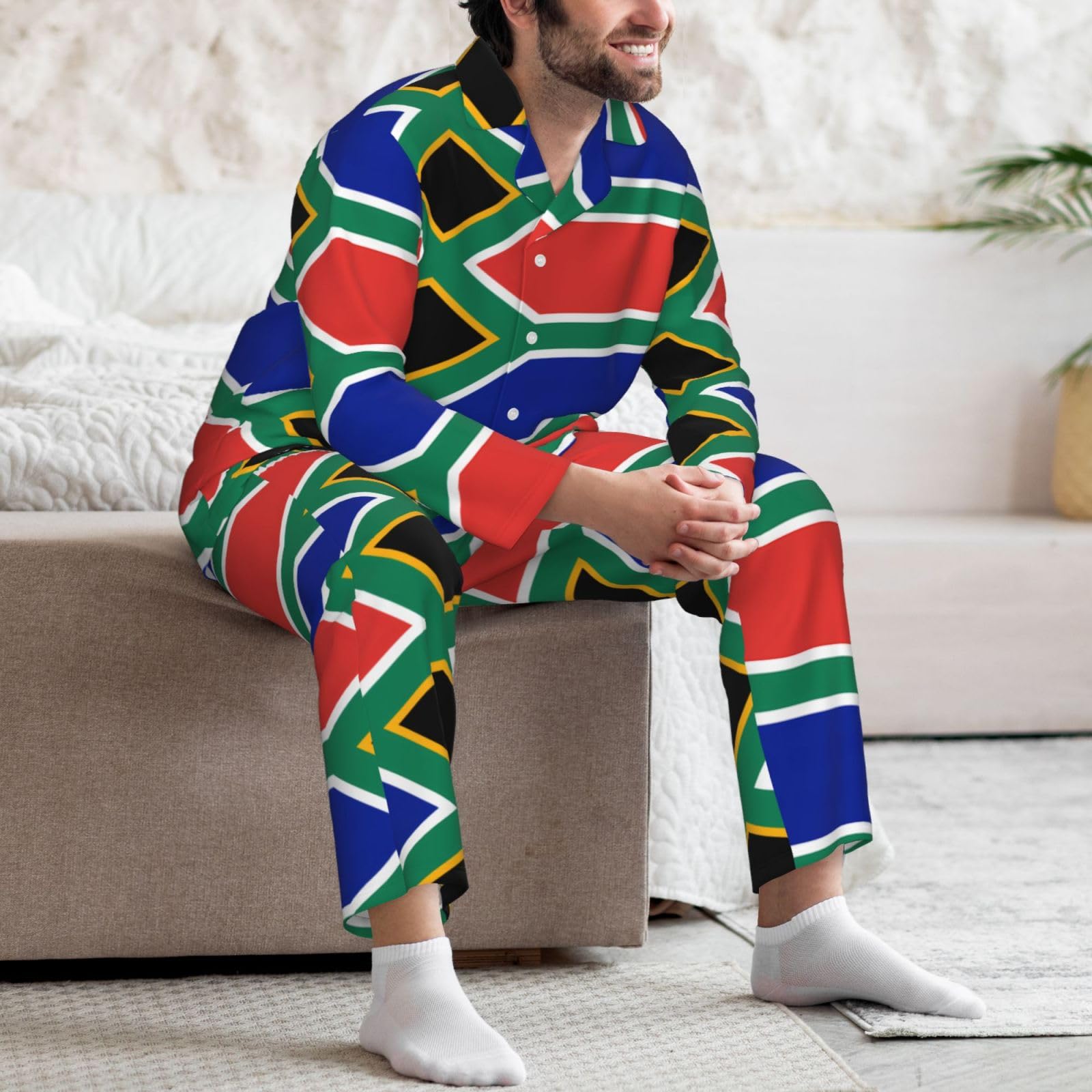 Conjunto de pijama suave para hombre con la bandera de Sudáfrica, pijama de manga larga para hombre, ropa de dormir para descansar