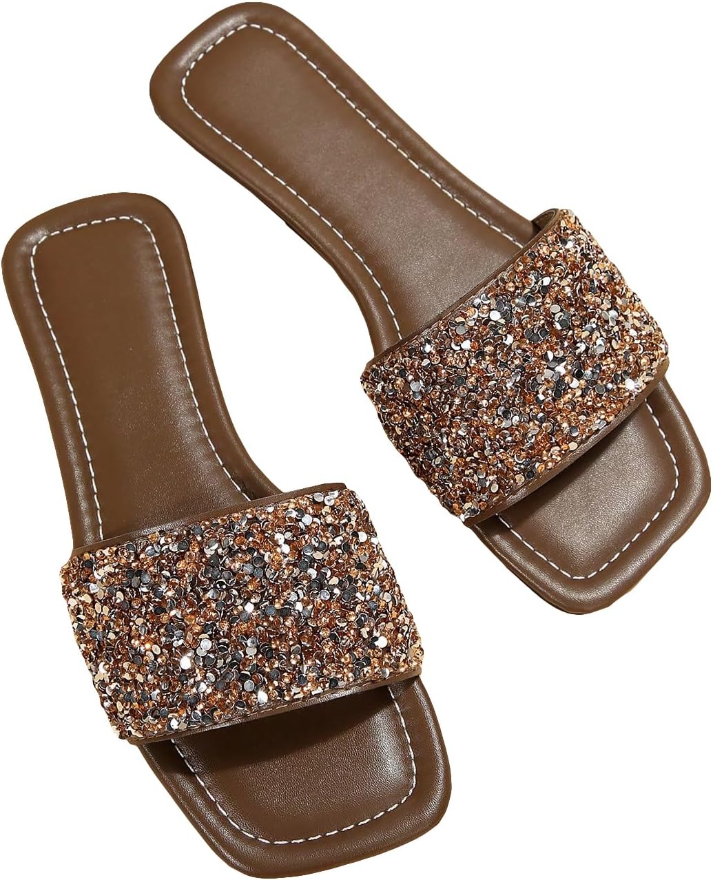 Verdusa Women’s Rhinestone Sandals Glitter Casual Sandal Flats Open Toe Sparkle Slides