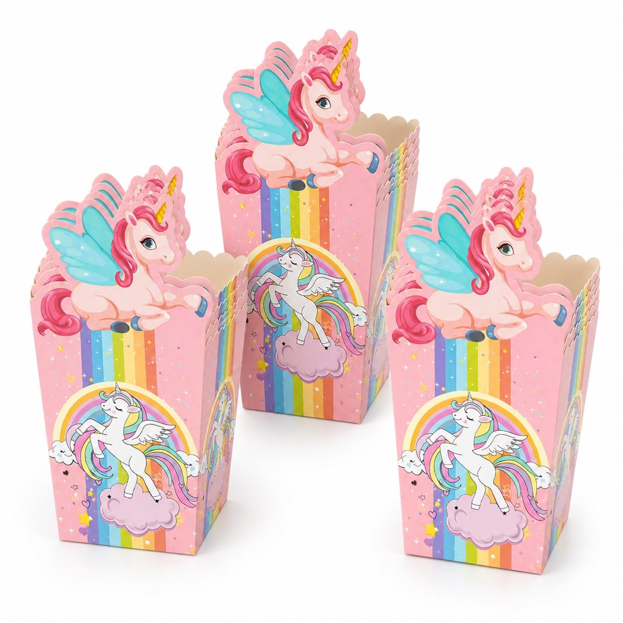 AURALIN Unicorn Popcorn Boxes 24 Pcs Pink Rainbow Set with Cutout Tops