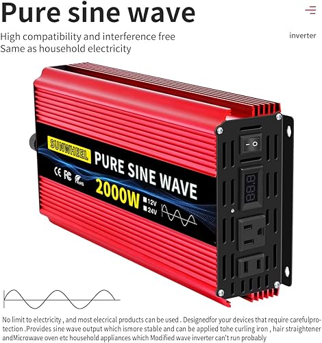 Miniatura 2 de SUNWHEEL Inversor de corriente de onda sinusoidal pura de 2000 vatios, CC 12 V a CA 110 V 120 V, potencia máxima, 4000 W, inversor de automóvil con
