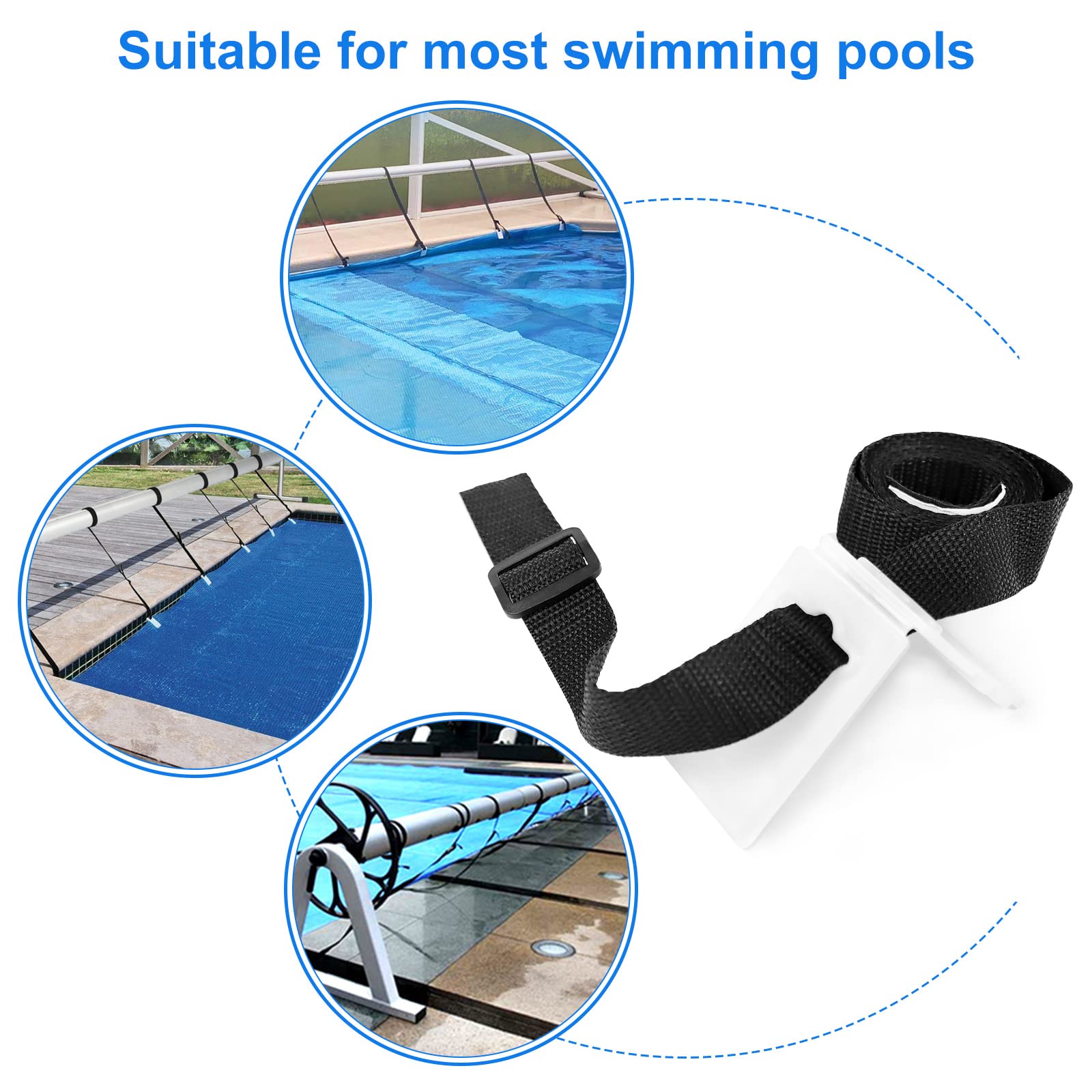 S-Union Kit de Fijación para Carrete de Cubierta Solar,Kit de Correas de Manta Solar para Piscina Universal enterrada Que Incluye 8 Correas de Nailon con lengüetas, 8 Placas de cordón, 8 Hebillas