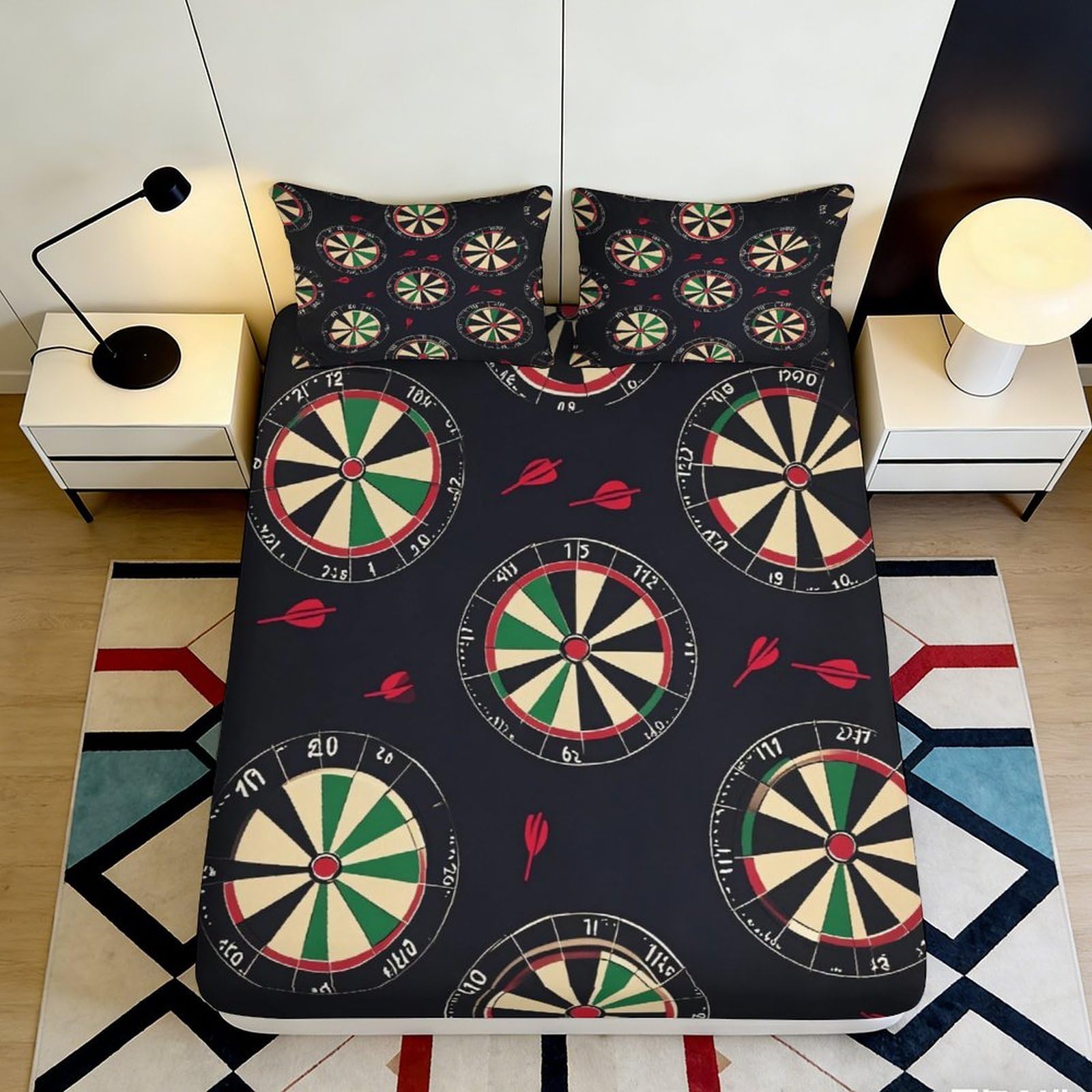 3D Printed Dartboard Pattern Fitted Sheet Microfiber Soft Breathable Darts Bed Cover for Bedroom Guest Room Decor 90x200x25cm