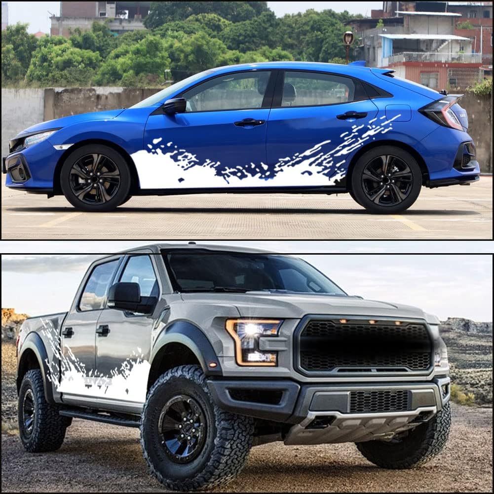 2pcs 74.8'' Universal Racing Stripes Car Decals 4x4 Waves Graphics Vinyl Stickers Waterproof Car Door Body Side Stickers Decals Decorations for Truck Pickup SUV Vehicles (X254 White)