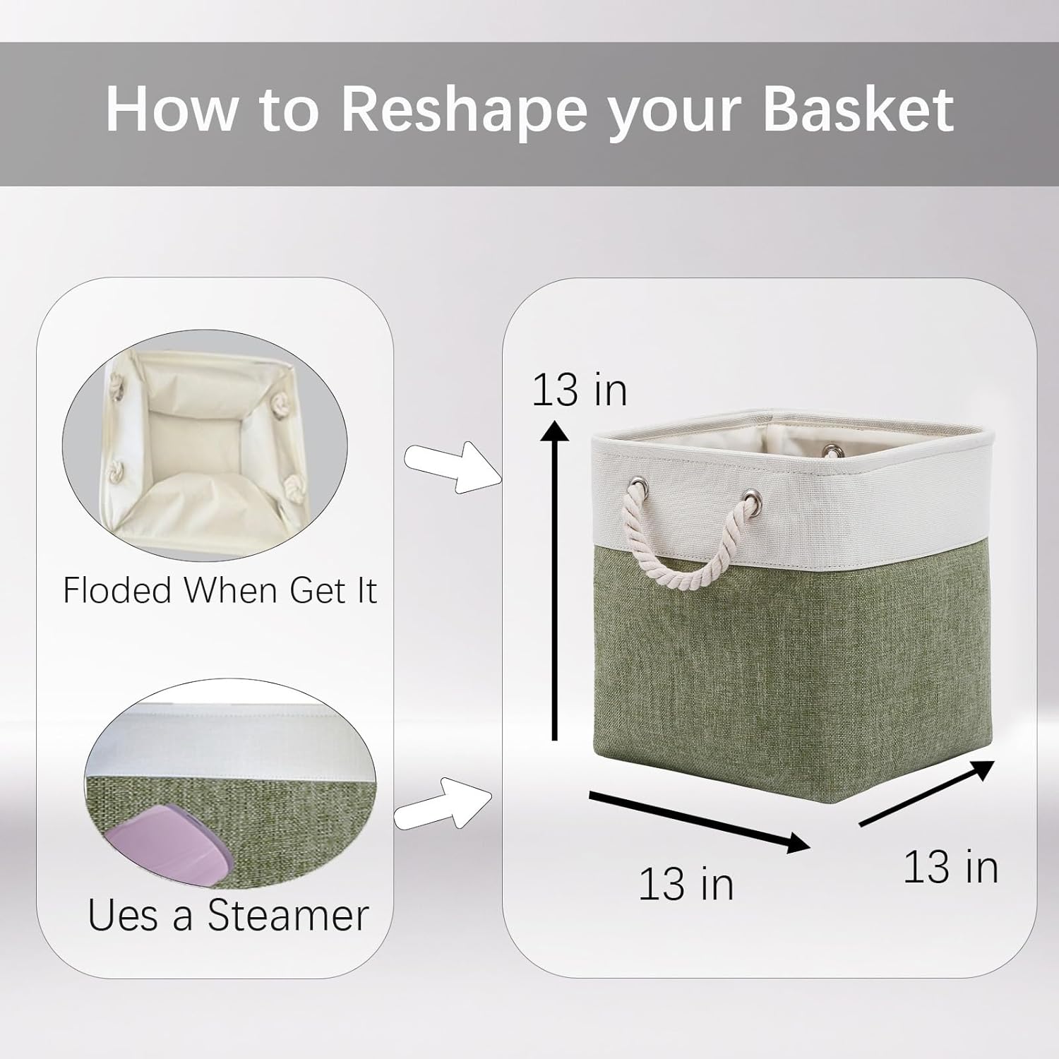 Fabric Storage Cubes 13 x 13, Collapsible Storage Bins for Shelf Baskets, Cube Storage Organizer White Green Bins with Cotton Handles, Foldable Storage Bin box, Cube Storage Bin 6 Pack - Image 4