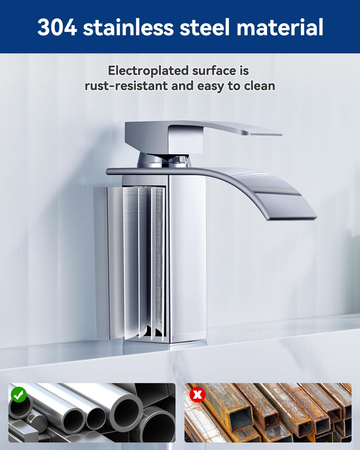 CECIPA Wasserhahn Bad, Wasserfall Wasserhahn Bad Edelstahl Waschtischarmatur Wasserfall mit Auslauf Höhe 85mm Waschbecken Armatur Chrom Einhebelmischer Warm und Kalt wasser Mischbatterien | Für Kalt- und Warmwasser, Einhandbedienung, DVGW Zertifiziert, Ke
