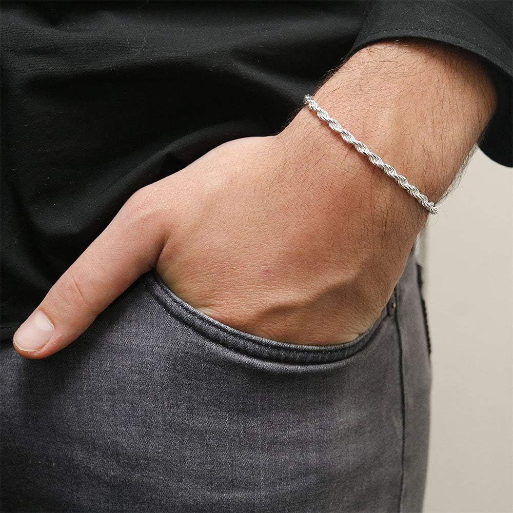Verona Jewelers Sterling Silver Authentic Italian 4MM, 4.5MM 6MM 7.5MM 8.5 MM Solid Diamond Cut Twist Rope Chain Bracelet-Thick Braided Bracelet Chain for Men and Women