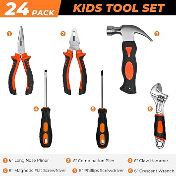 INCLY 24 PCS Kids Real Tool Set with Tool Bag، Boys Small Real Hand Tools Kit، Children Construction Tools Hammer Screwdriver for Home DIY Building and Woodworking