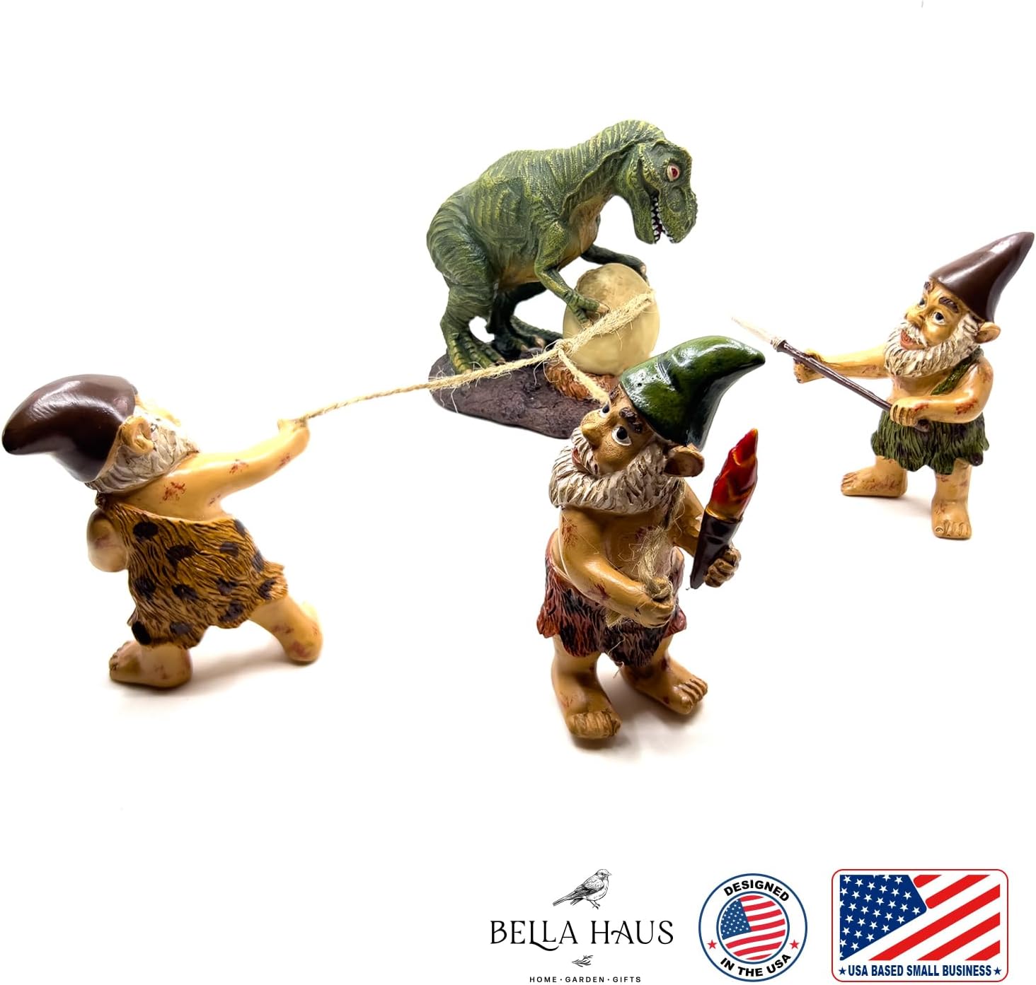 Caveman Gnome Tyrannosaurus Rex Egg Heist Garden Statue – Funny Dinosaur & Gnome Outdoor Decor for Yard, Patio, or Garden – Whimsical 4-Piece Resin Figurine Set (Dinosaur Egg Heist)