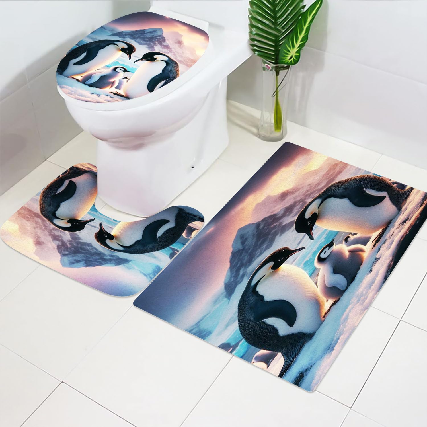 Pinguin Duschvorhang 120x200cm, 3D Süßer Pinguin Kinder Badvorhang Wasserdichtes Polyester Funny Penguins Duschvorhang Badezimmermatte 4-teiliges Set (6,180x200cm)