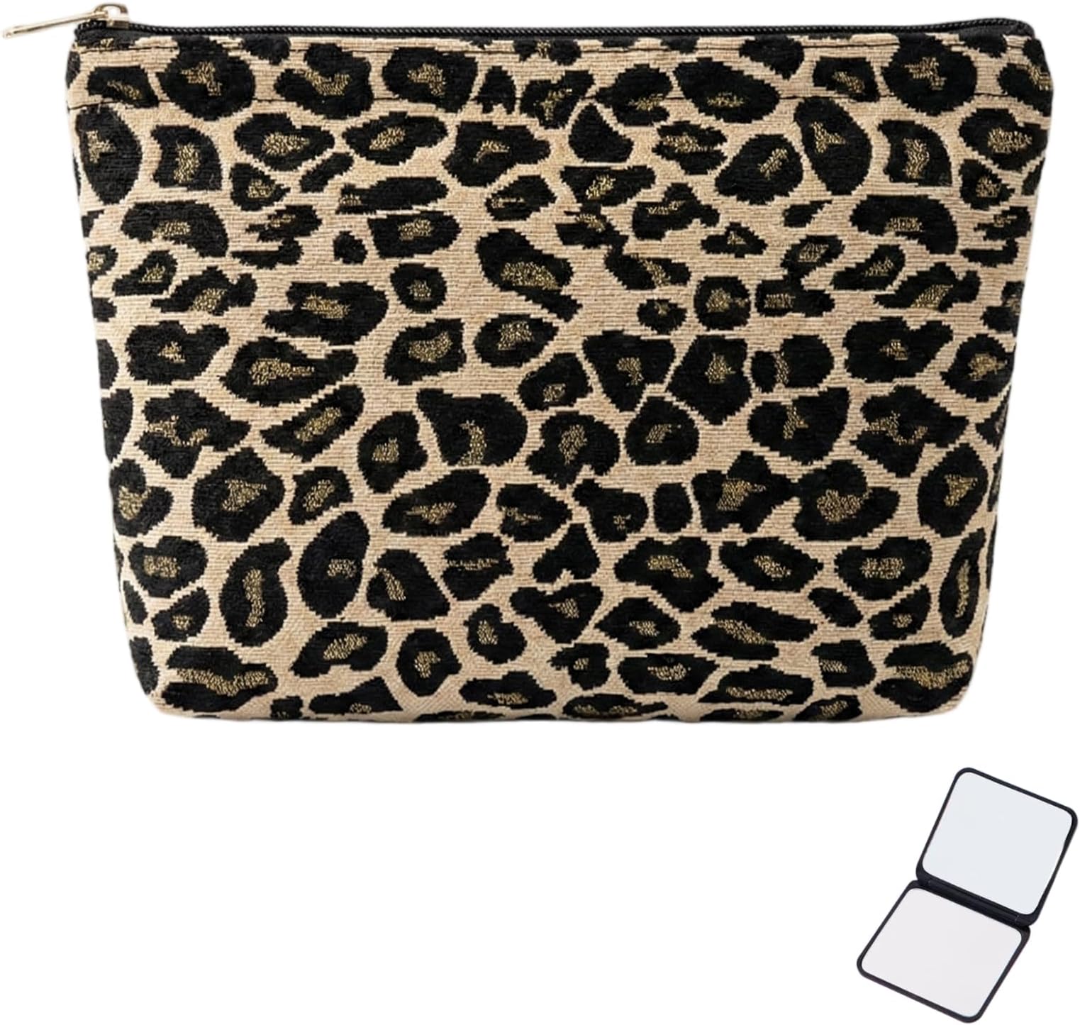 Beige Leopard Print Canvas Cosmetic Makeup Bag with Mini Mirror – Waterproof Zipper Pouch for Travel Toiletry Storage Organizer Women Gift Cute Floral Pattern Pouch Small Gym Gifts (Leopard)
