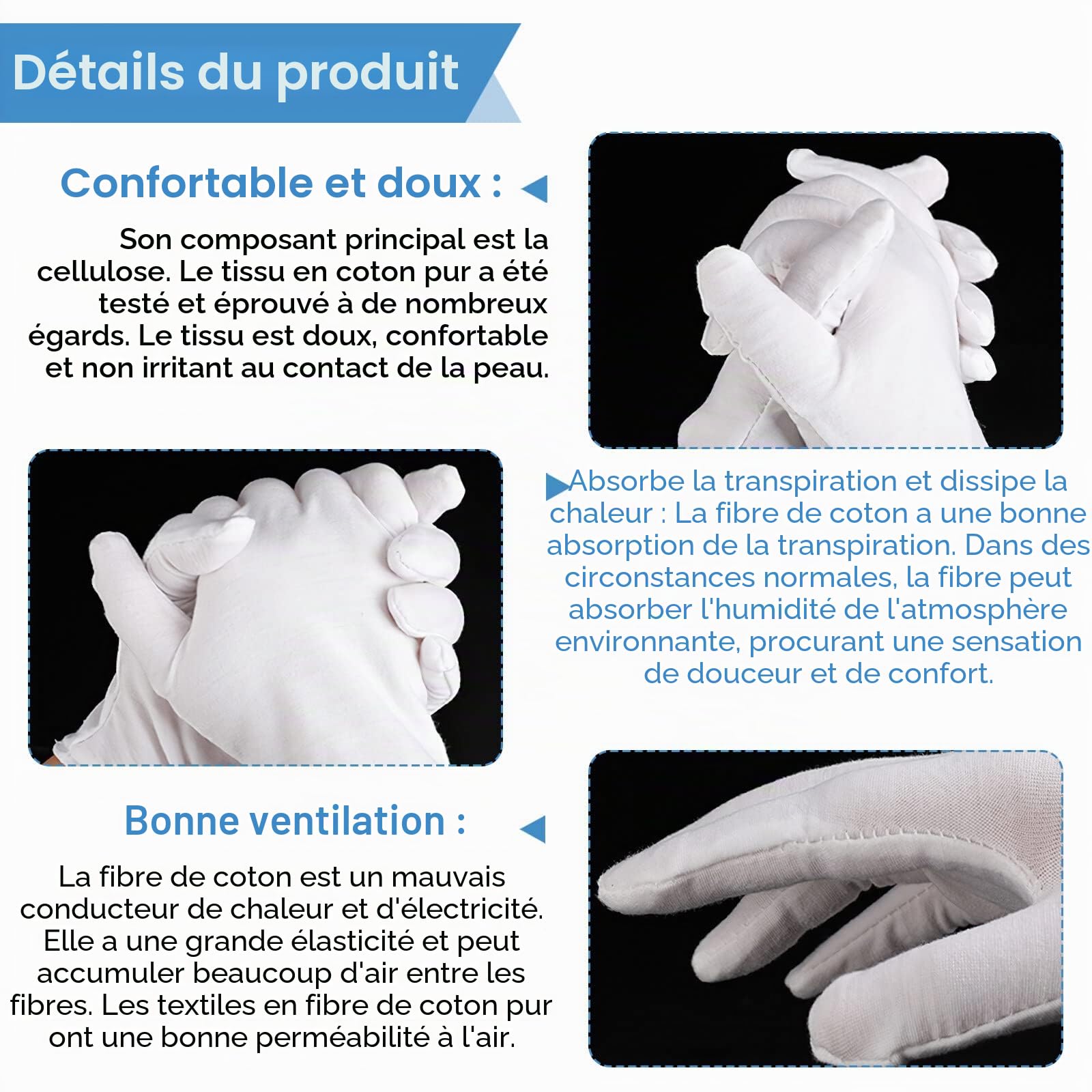 Lot de 72 Gants en Coton Blanc de Protection - Confortables et Respirants pour les Soins de la Peau - Chiffon Lavable et Extensible Multi-Usages