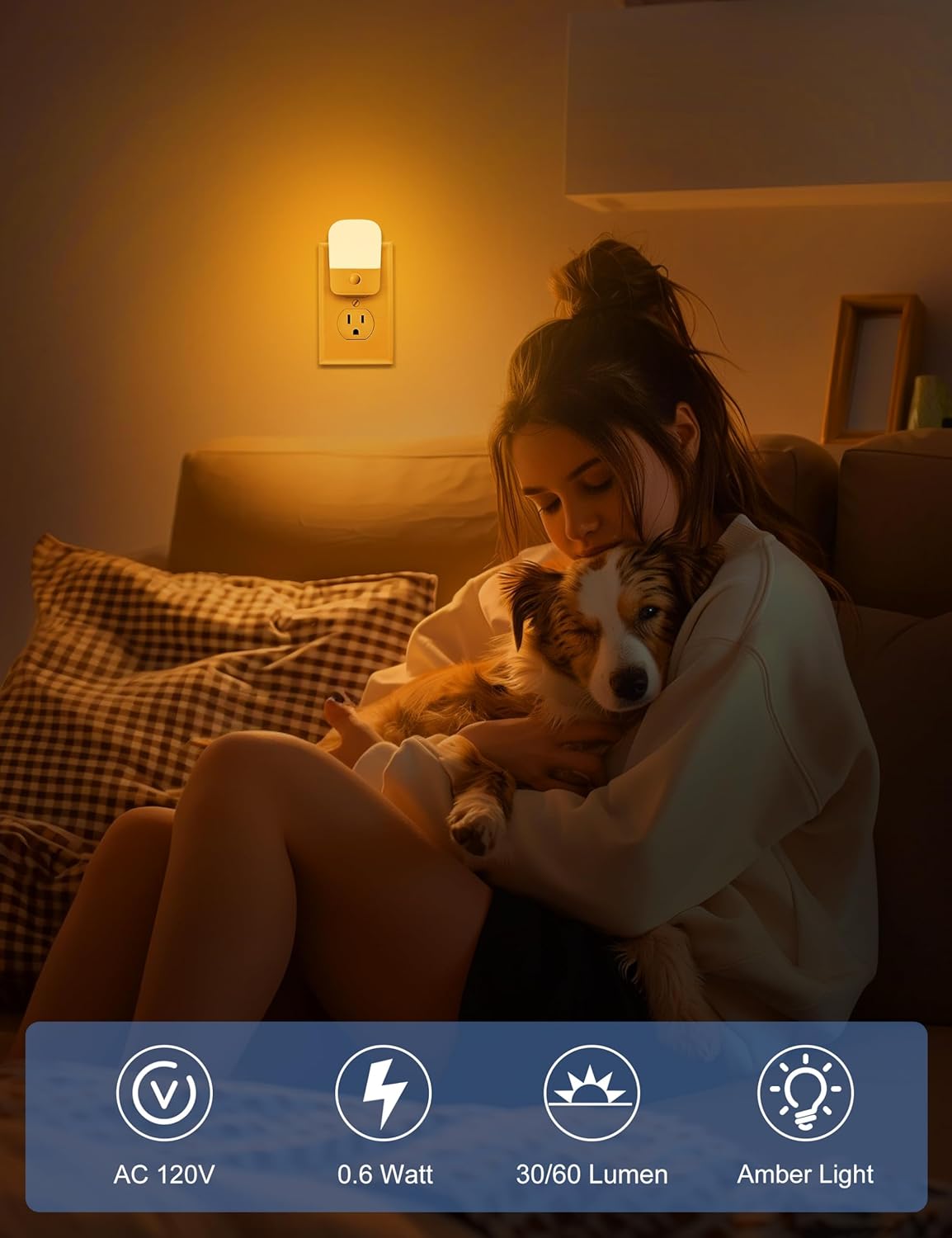 Amber Night Lights Plug into Wall, 2 Pack LED Bedroom Night Light with Dusk to Dawn Sensor, Brightness Adjustable, Plug in Night-Lights Suitable for Nursery, Kids Room, Bathroom
